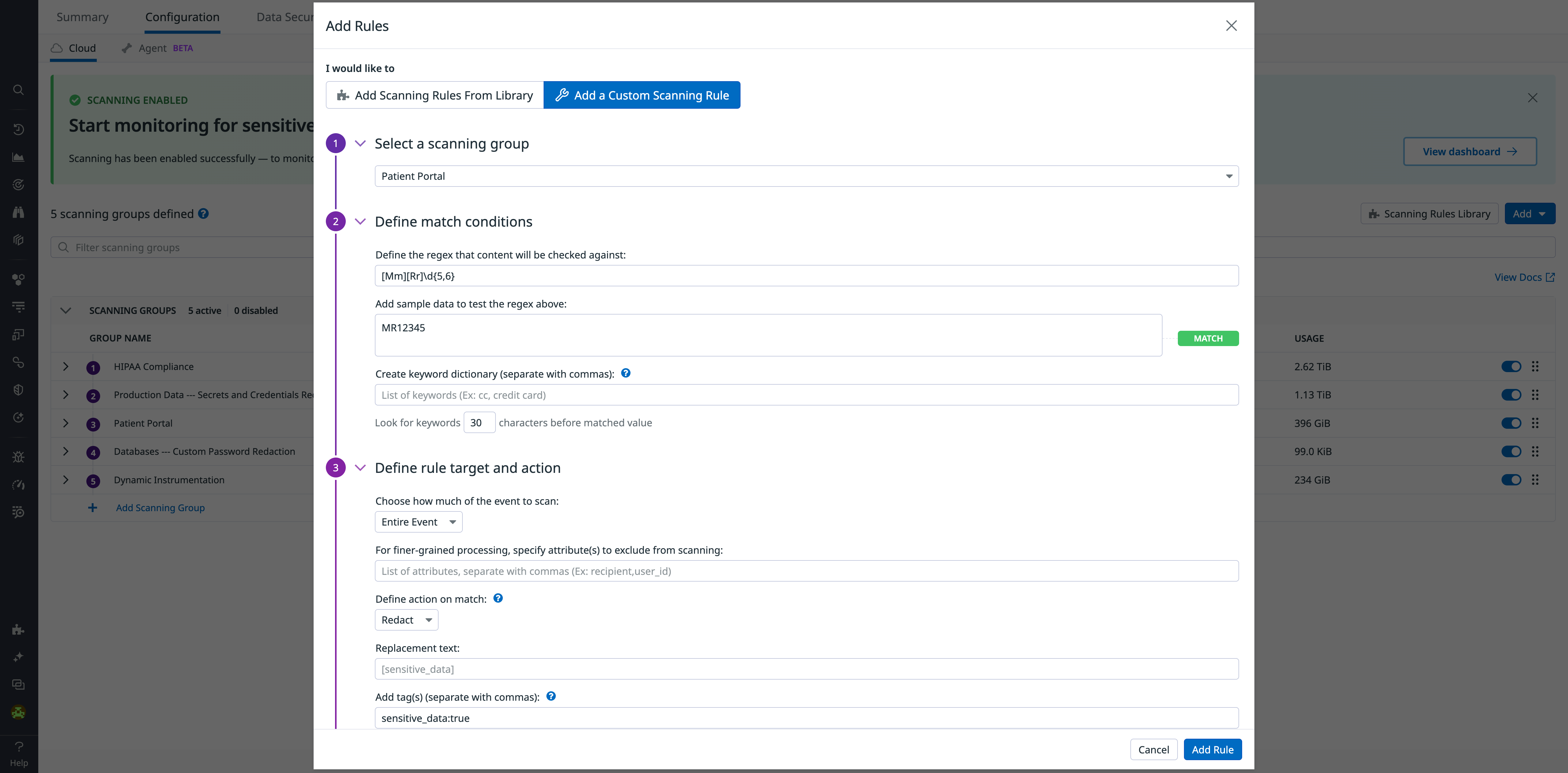 Create a custom scanning rule using regex.