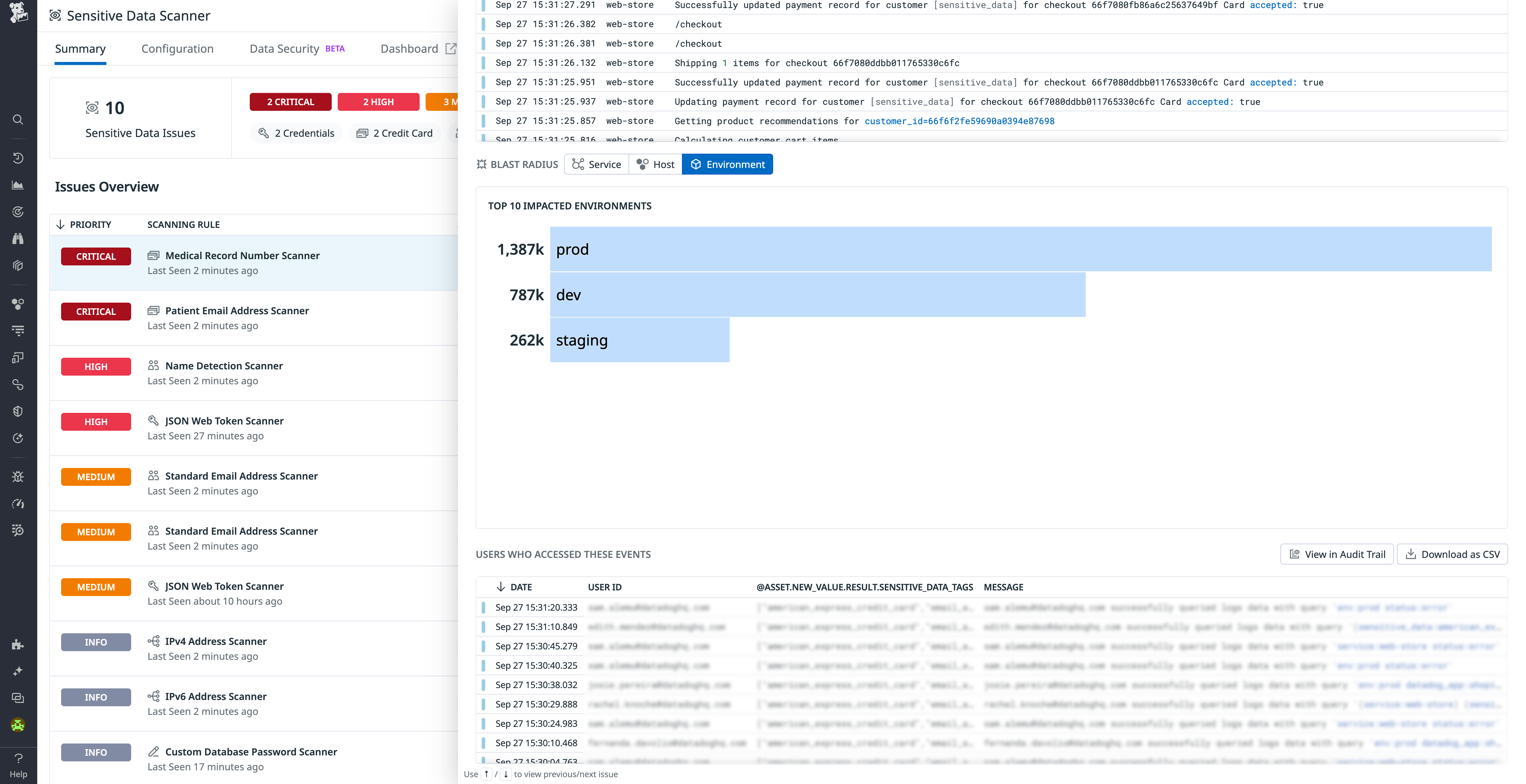 Pivot to the Service Catalog from Sensitive Data Scanner.