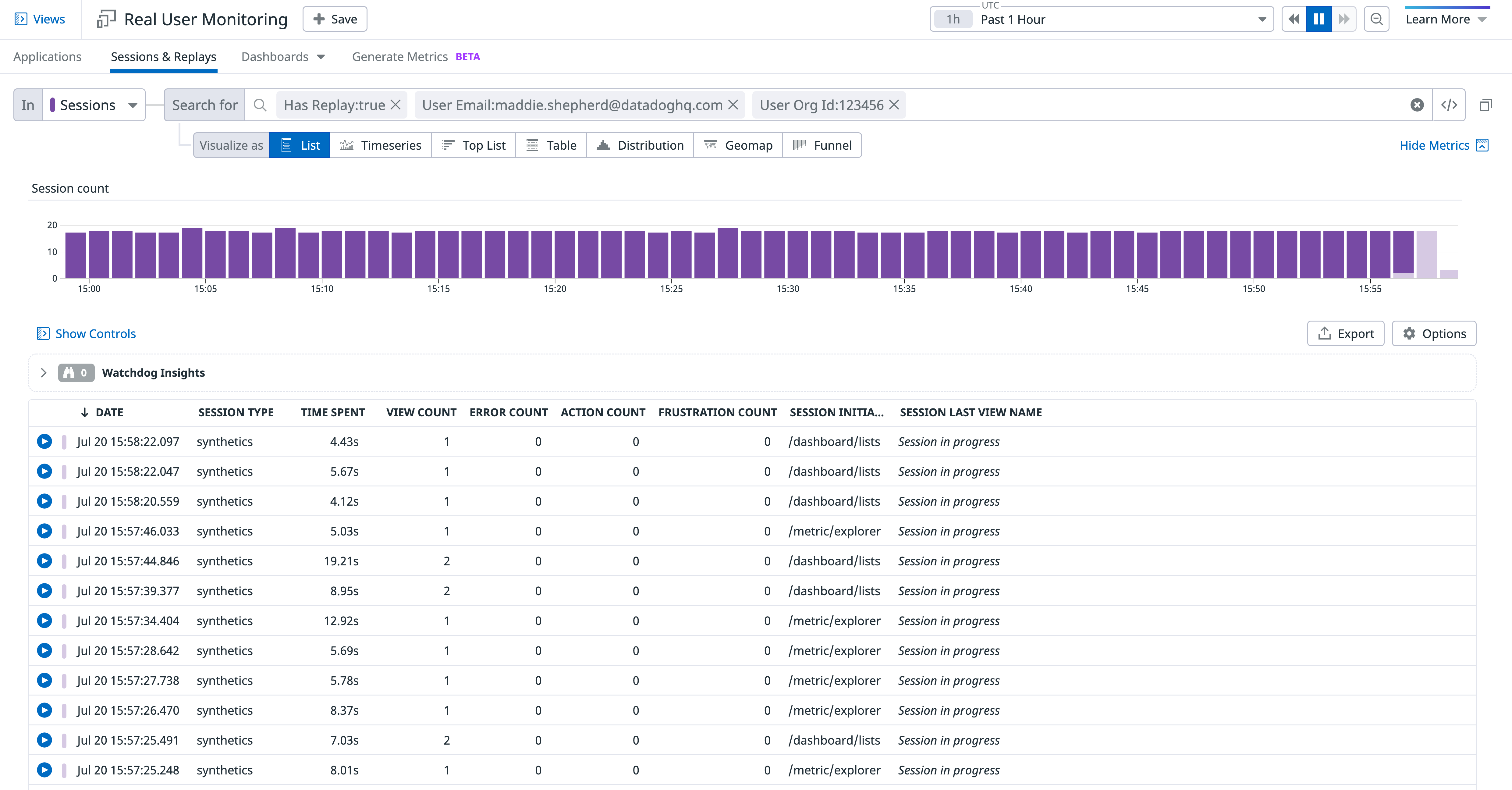 View a Session Replay list for a specific user