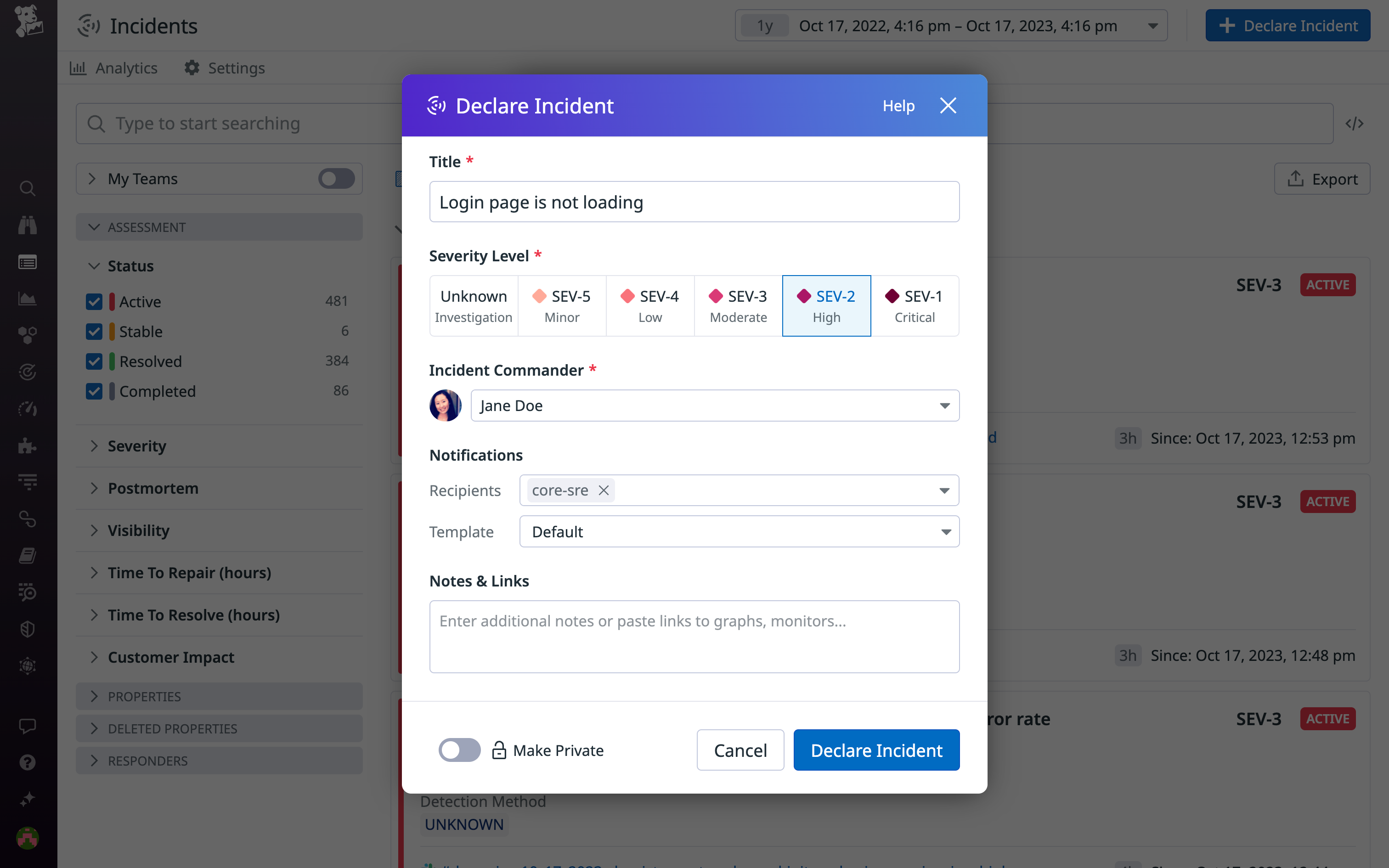 Declaring an incident in Datadog after initial triage