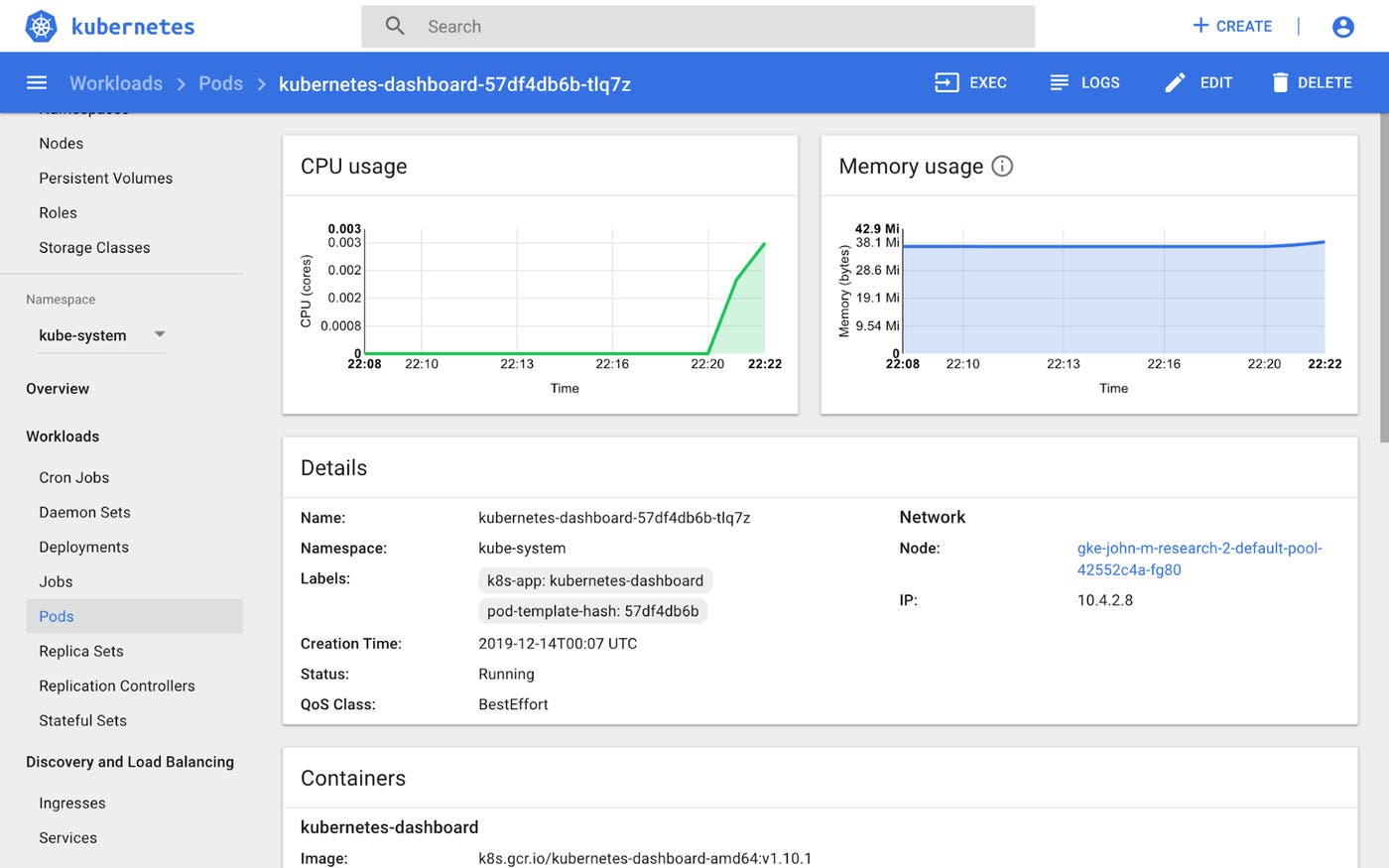 Kubernetes Dashboard pod view Kubernetes Dashboard pod view