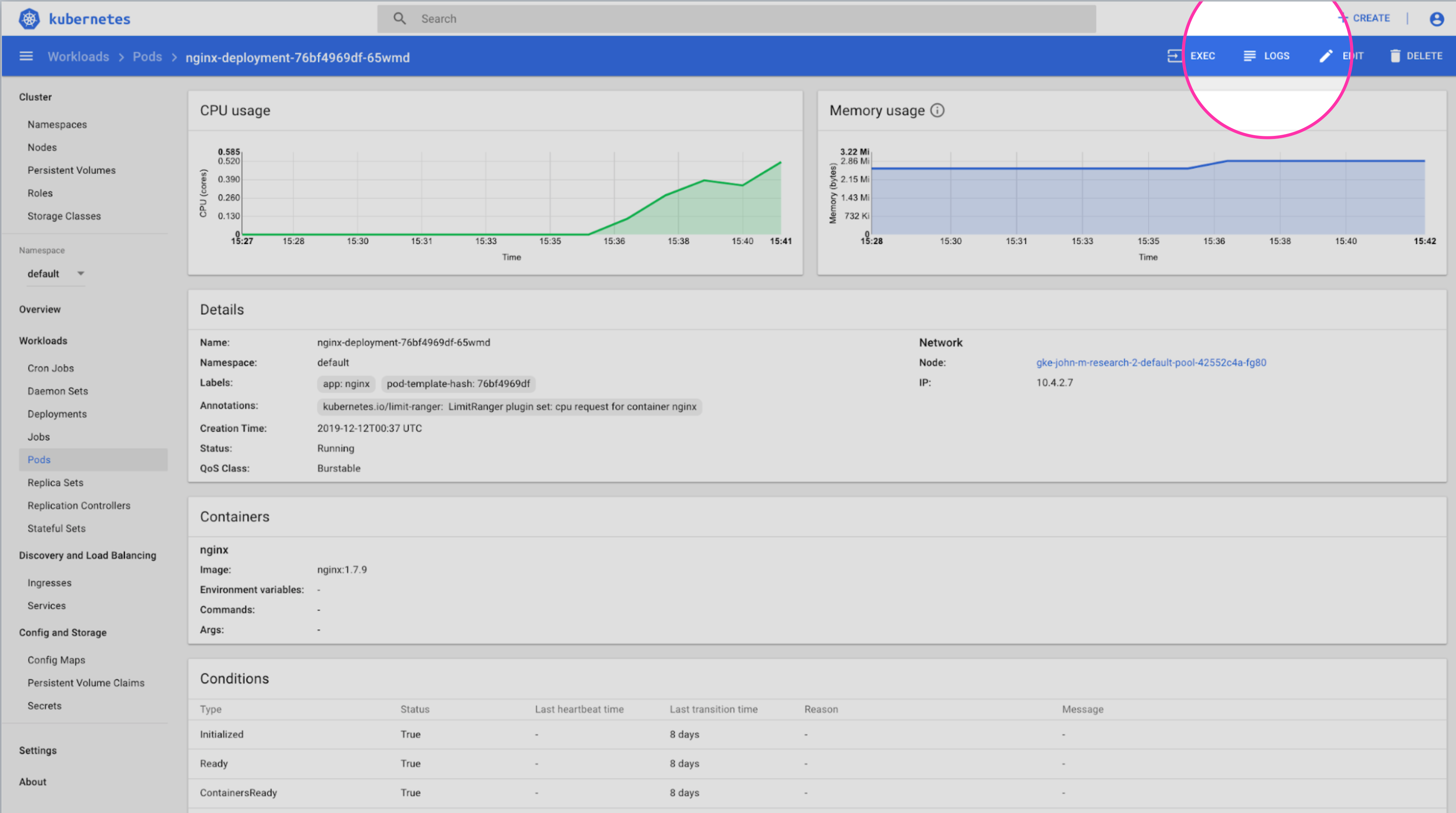View pod logs from Kubernetes dashboard