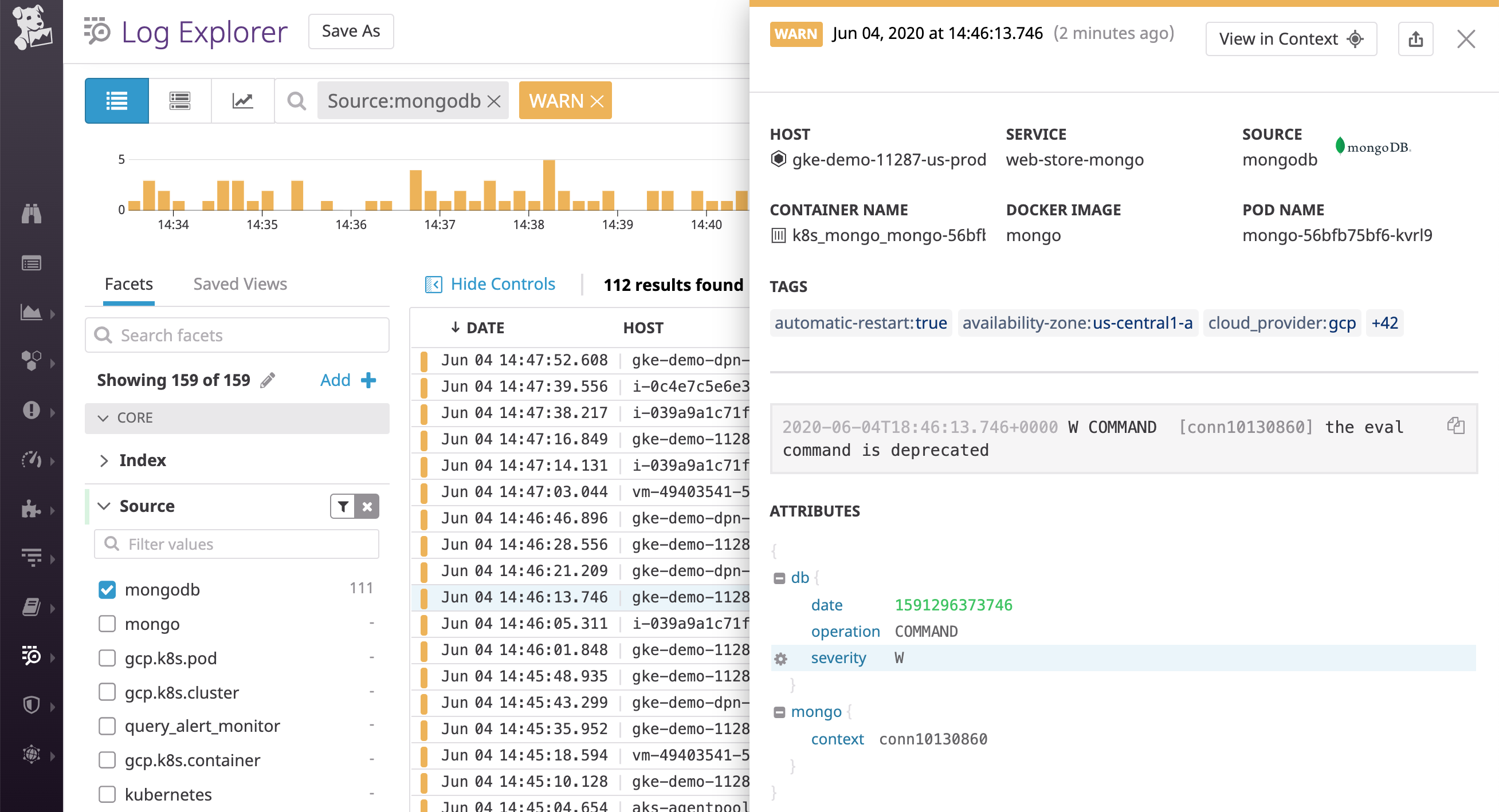 Datadog helps you categorize logs by severity by creating a standard status attribute based on the log severity level. This MongoDB log has been mapped to a WARN status based on the severity symbol detected in the message.