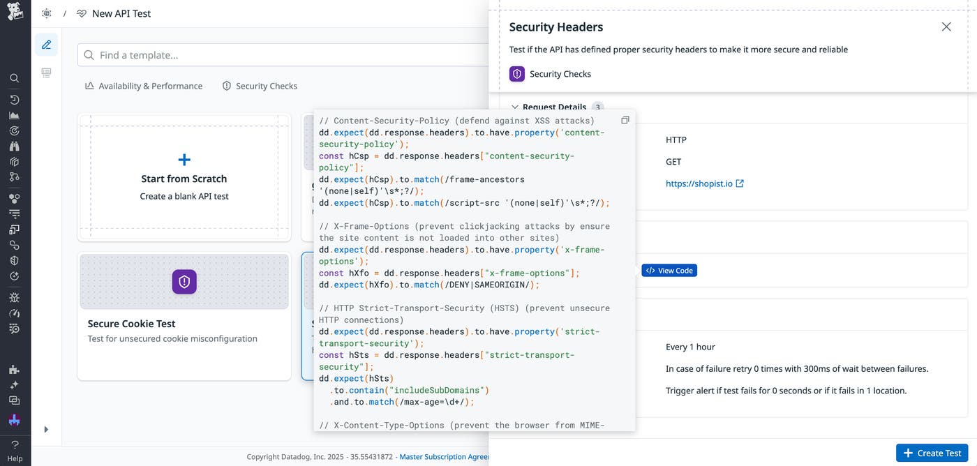 Code showing default security header checks for a test created with the Security Headers template. Code showing default security header checks for a test created with the Security Headers template.