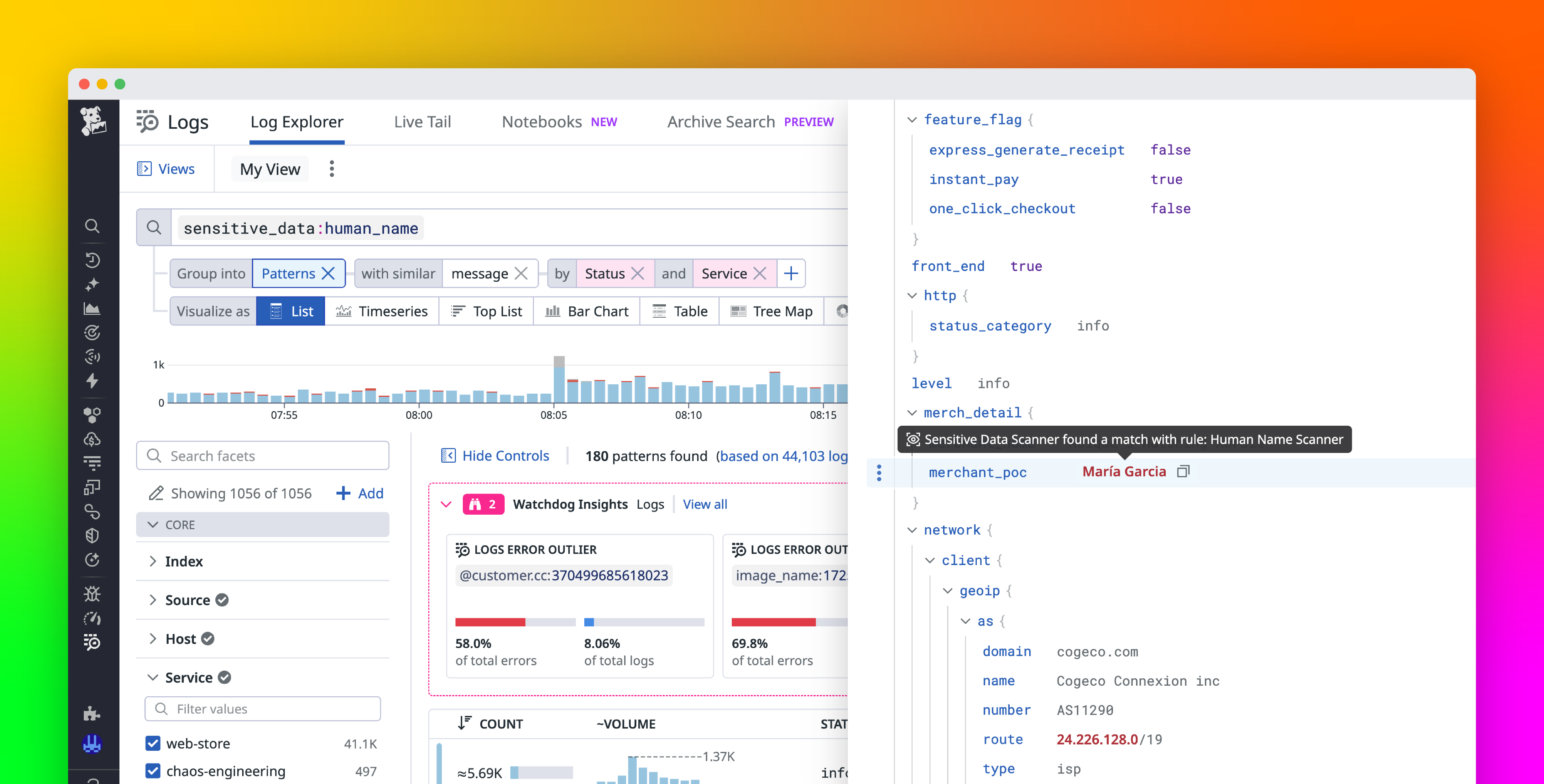 Detect human names in logs with ML in Sensitive Data Scanner