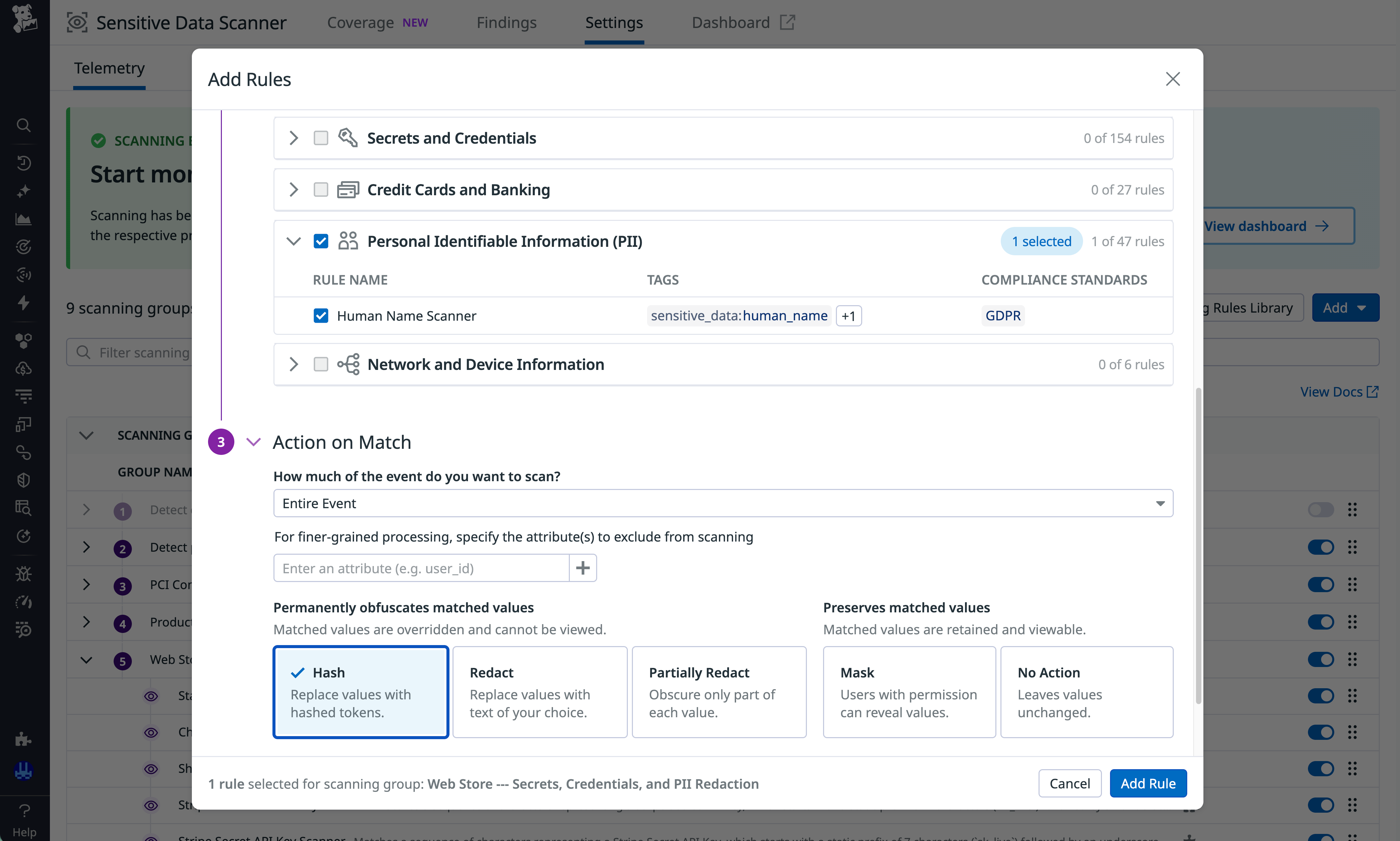 Screenshot of a rule configuration with the Human Name Scanner rule enabled and hashing selected.