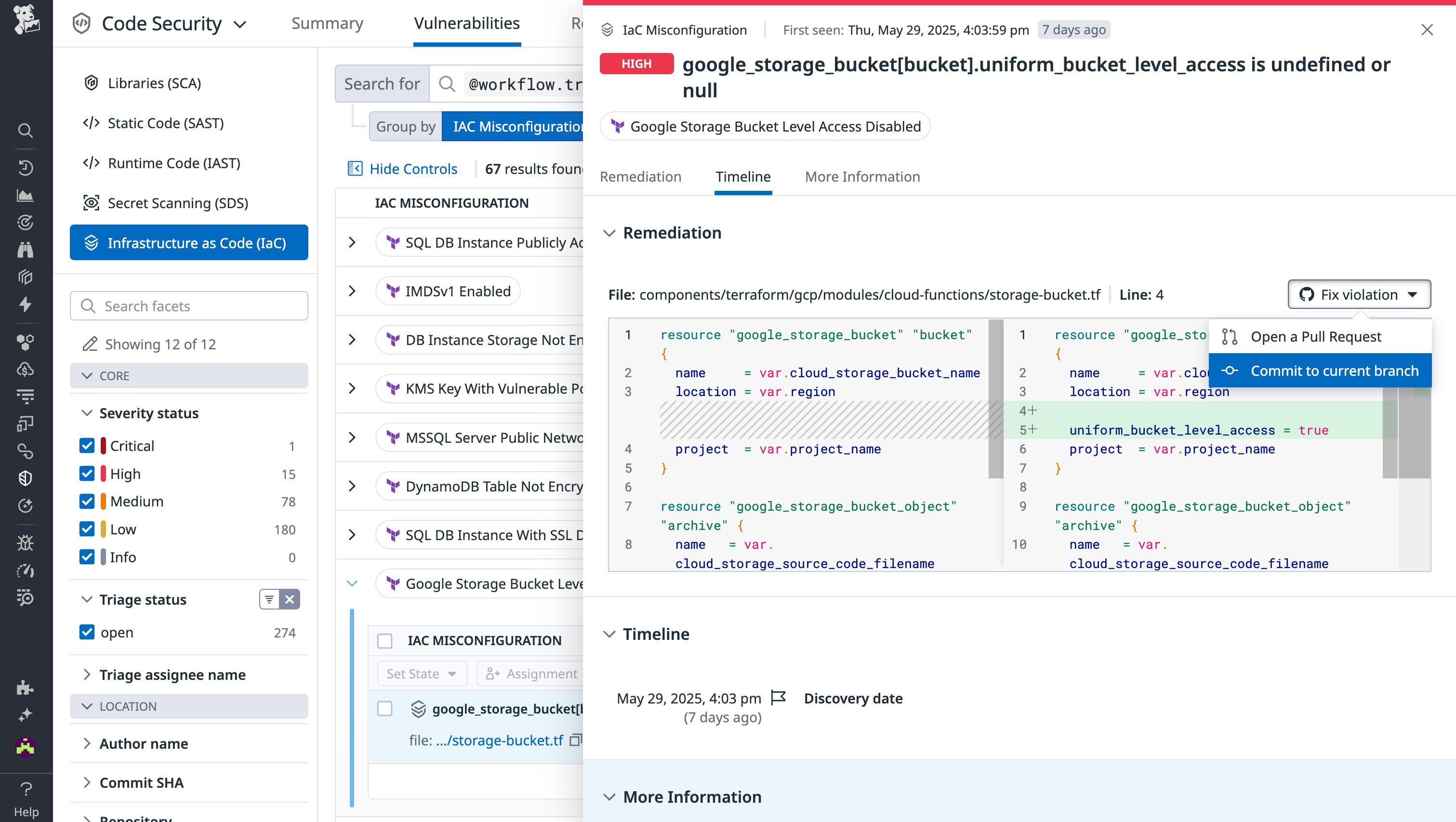 See where vulnerabilities exist in your IaC configurations and commit changes directly from Datadog