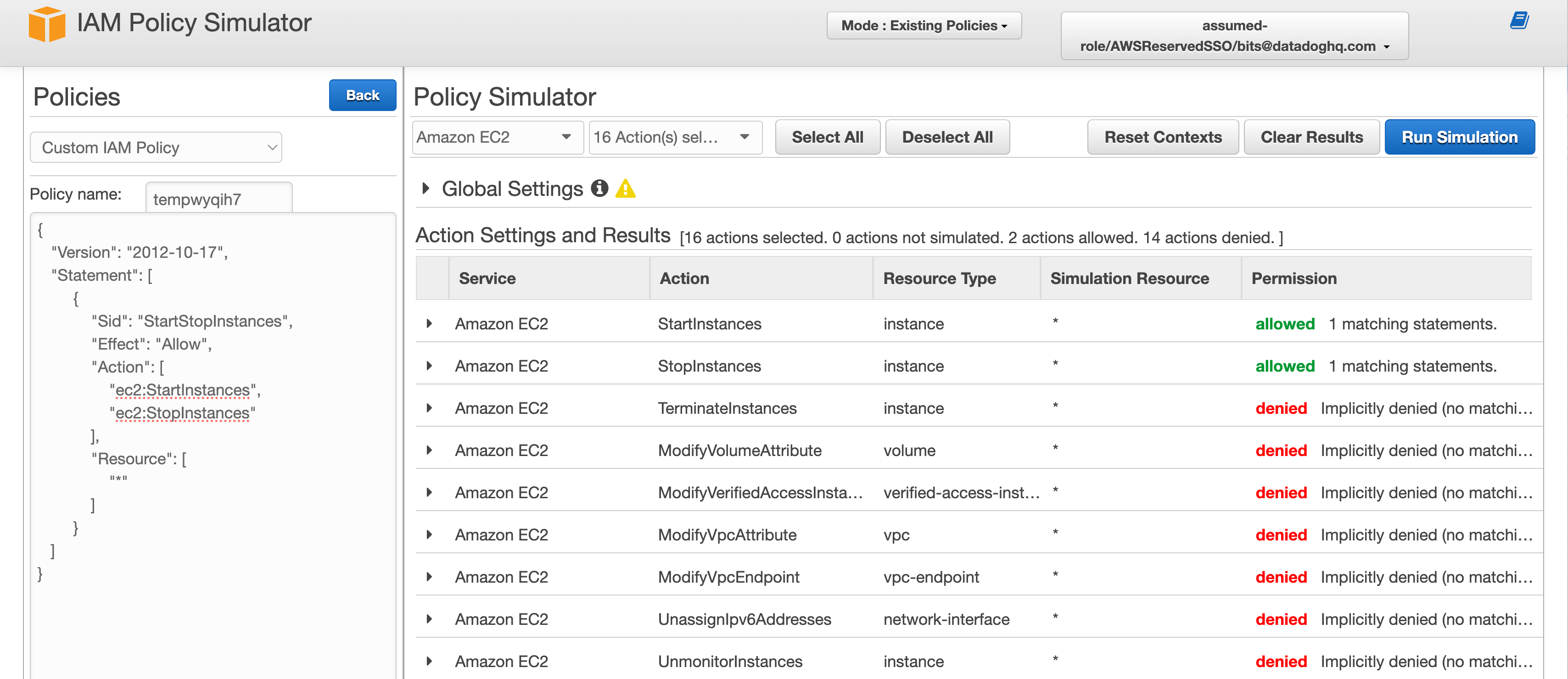 Screenshot of IAM Policy Simulator, depicting a detailed breakdown of EC2 action permissions.