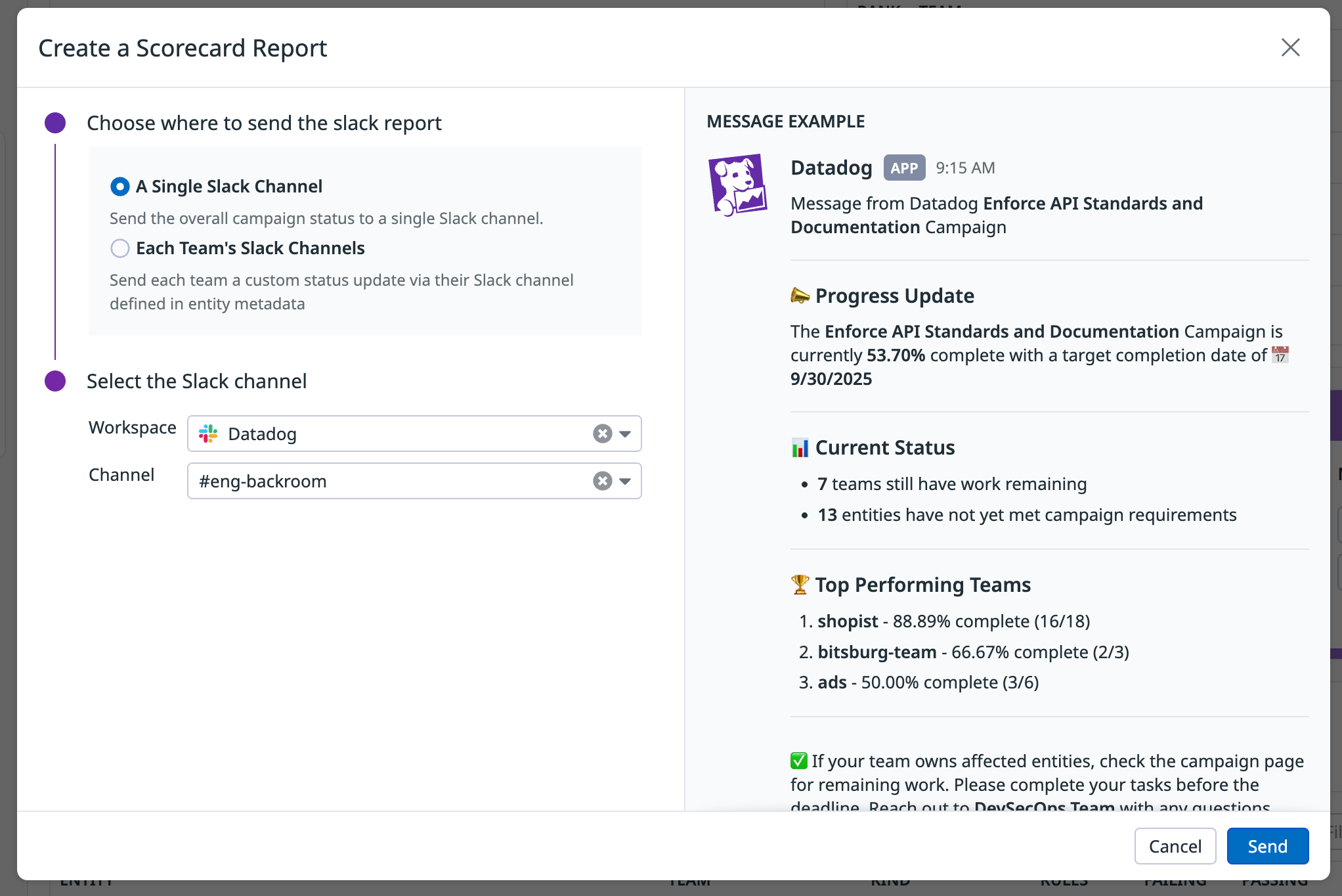 Guidance view showing selected campaign rules and team notifications to help contributors understand what work is required.