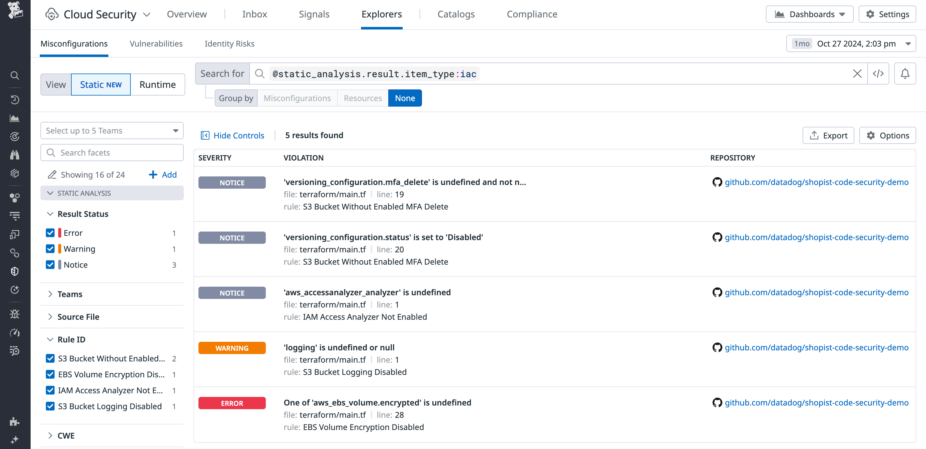List of findings in Datadog IaC Security