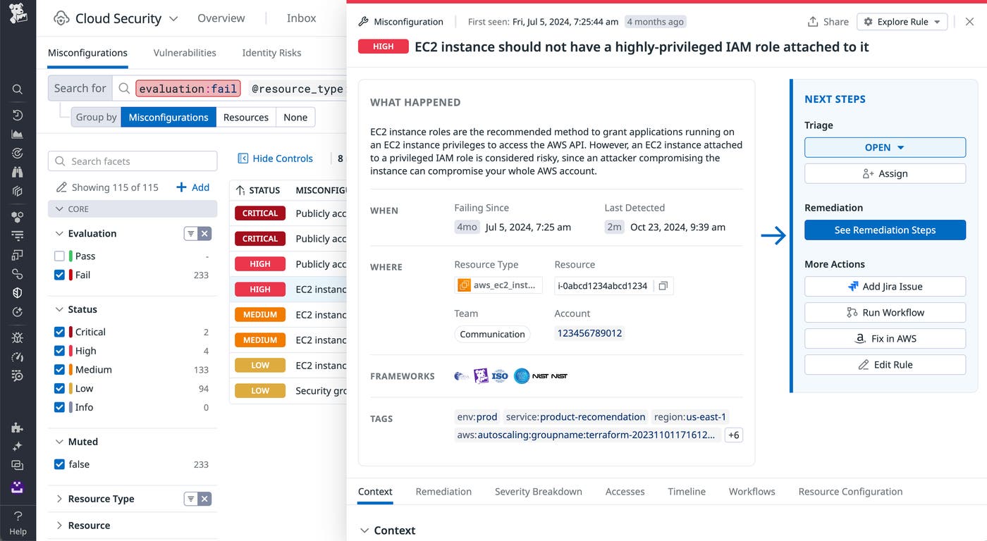 Screenshot of Cloud Security showing a misconfiguration alert for an EC2 instance with excessive IAM privileges. Screenshot of Cloud Security showing a misconfiguration alert for an EC2 instance with excessive IAM privileges.