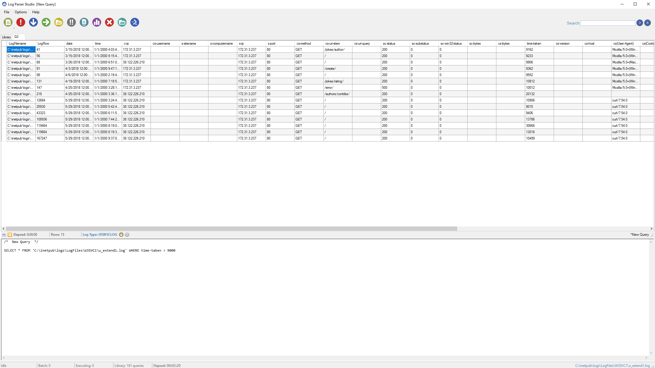 IIS monitoring tools - The results of a query within Log Parser Studio