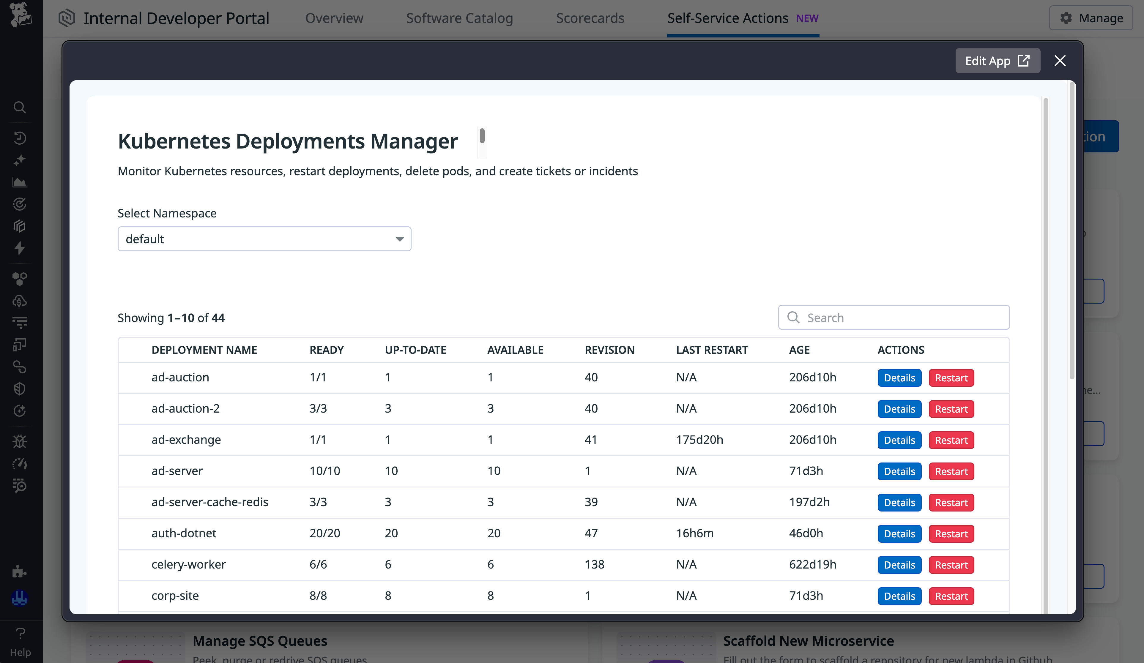 Screenshot of functionality in Self-Service Actions to restart Kubernetes deployments.