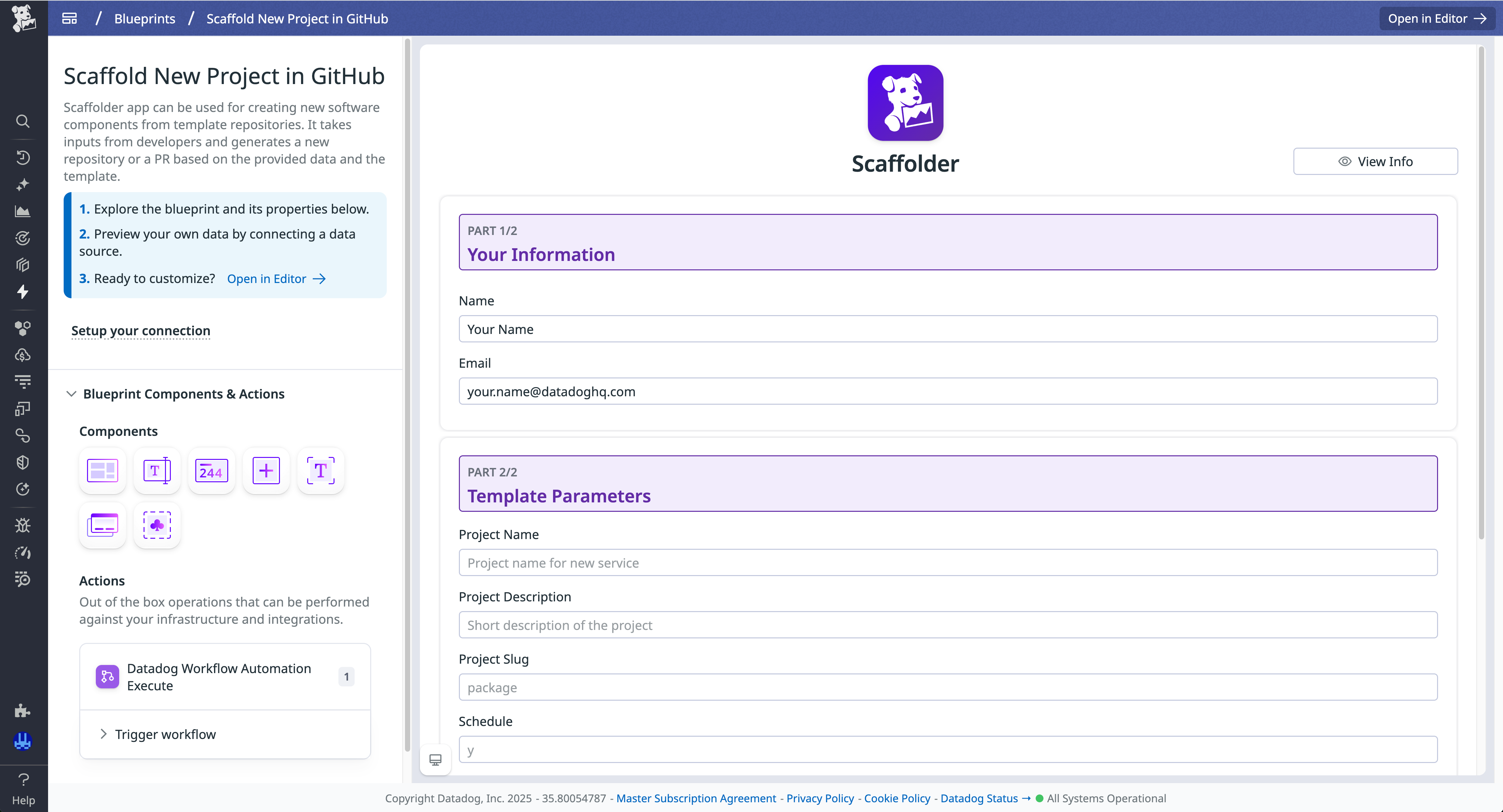 Screenshot of a blueprint that includes a form for the Scaffolder app to create a new project in GitHub.