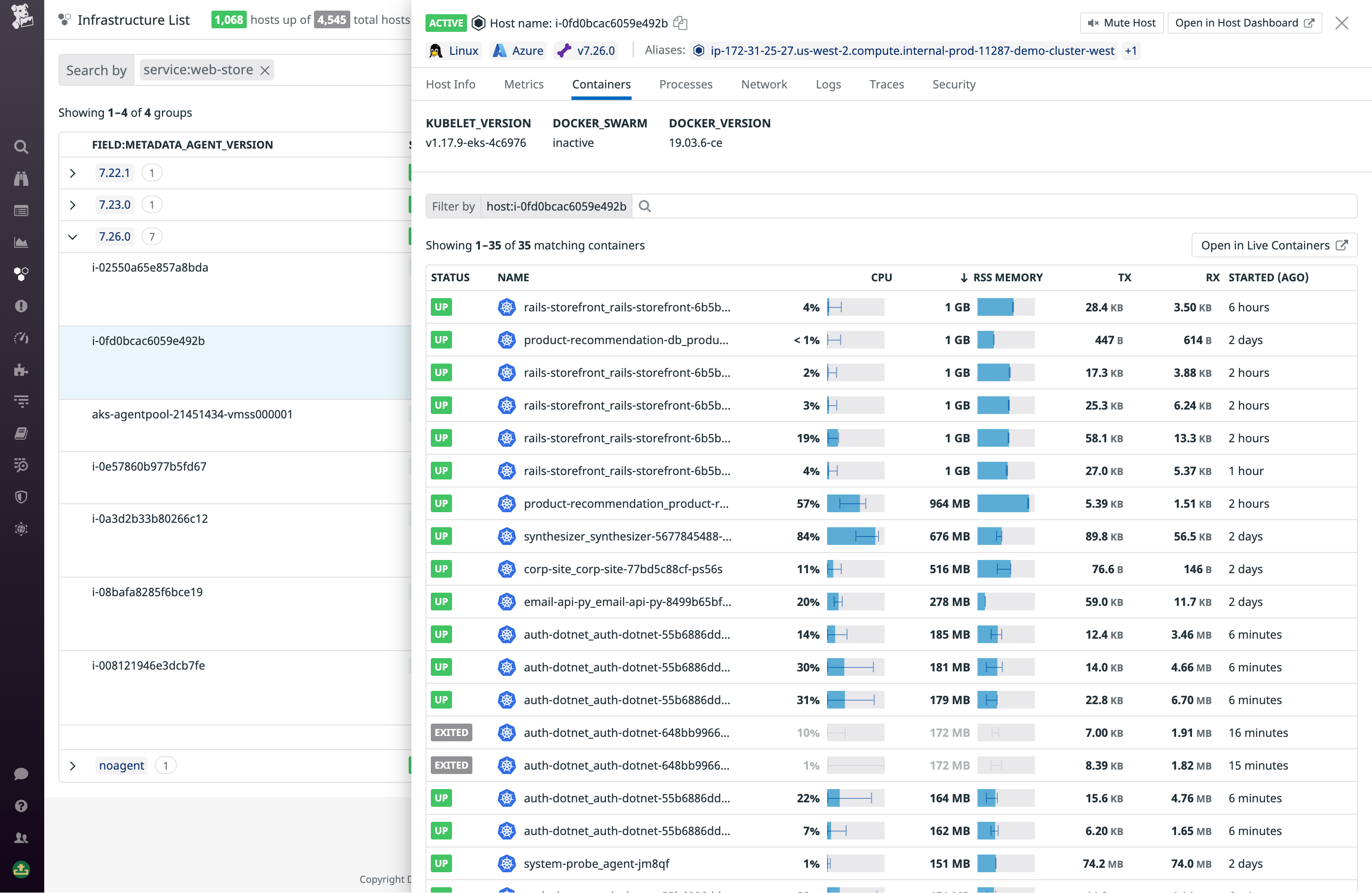 The Containers tab gives a breakdown of resource consumption by each container running on the host.