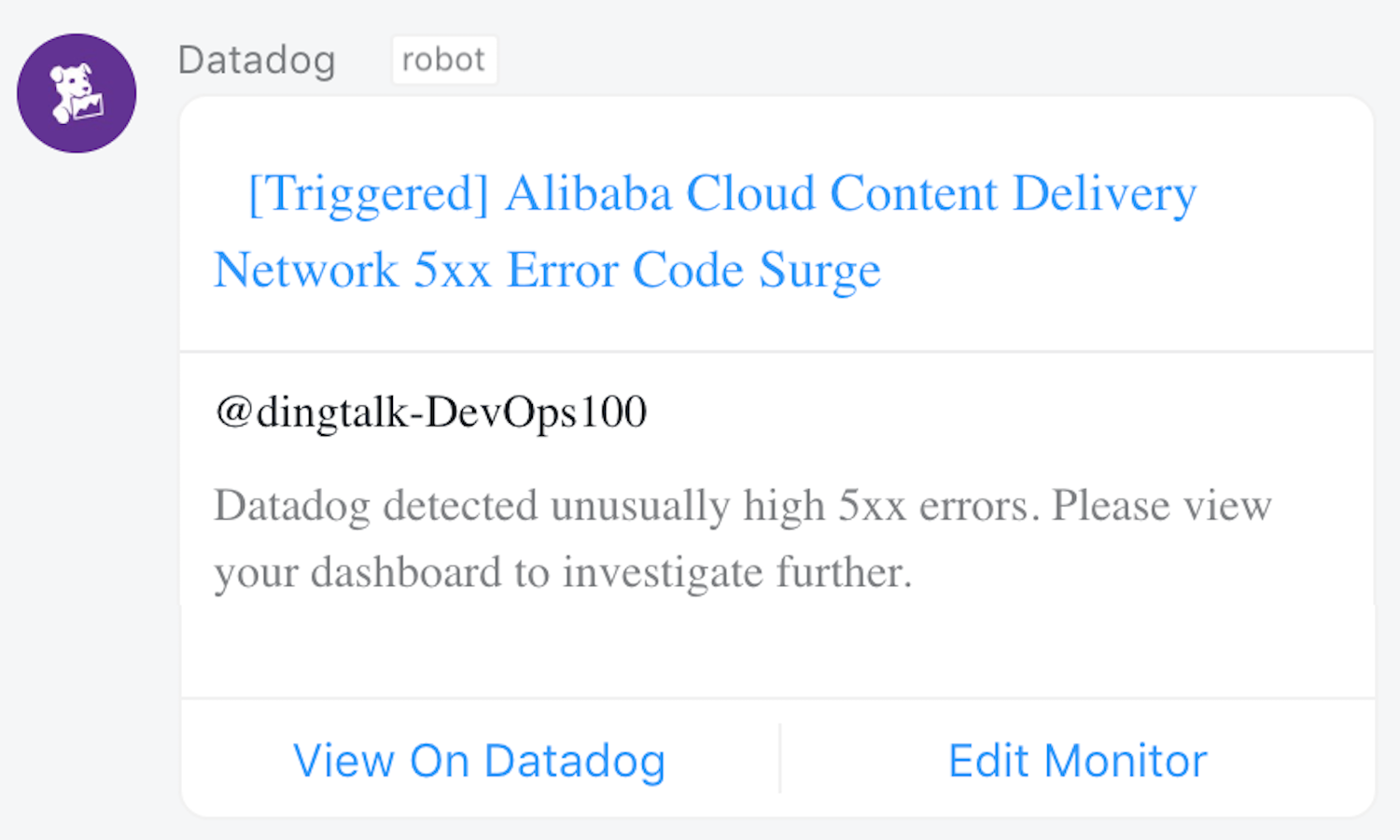 Our integration sends Datadog alerts to DingTalk for fast collaboration.