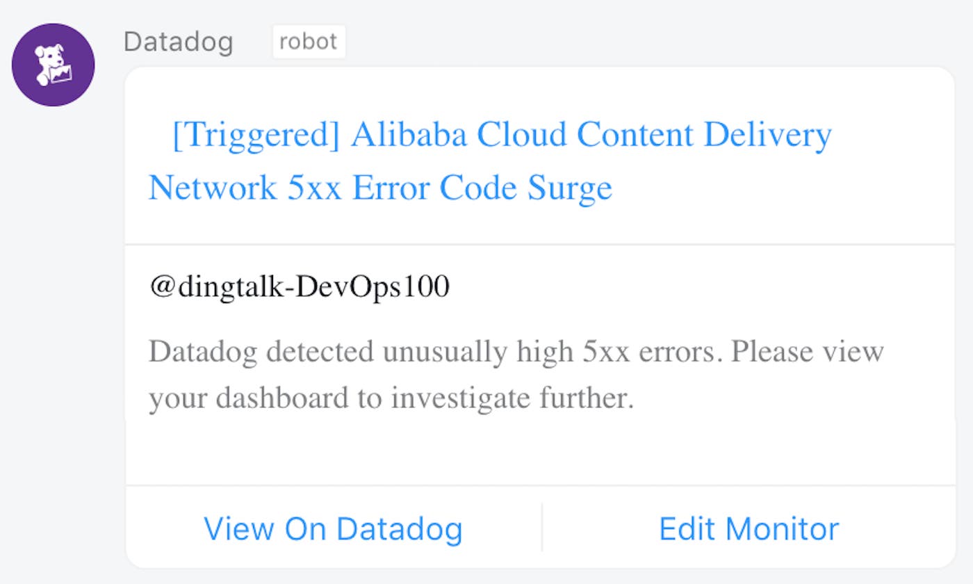Our integration sends Datadog alerts to DingTalk for fast collaboration. Our integration sends Datadog alerts to DingTalk for fast collaboration.