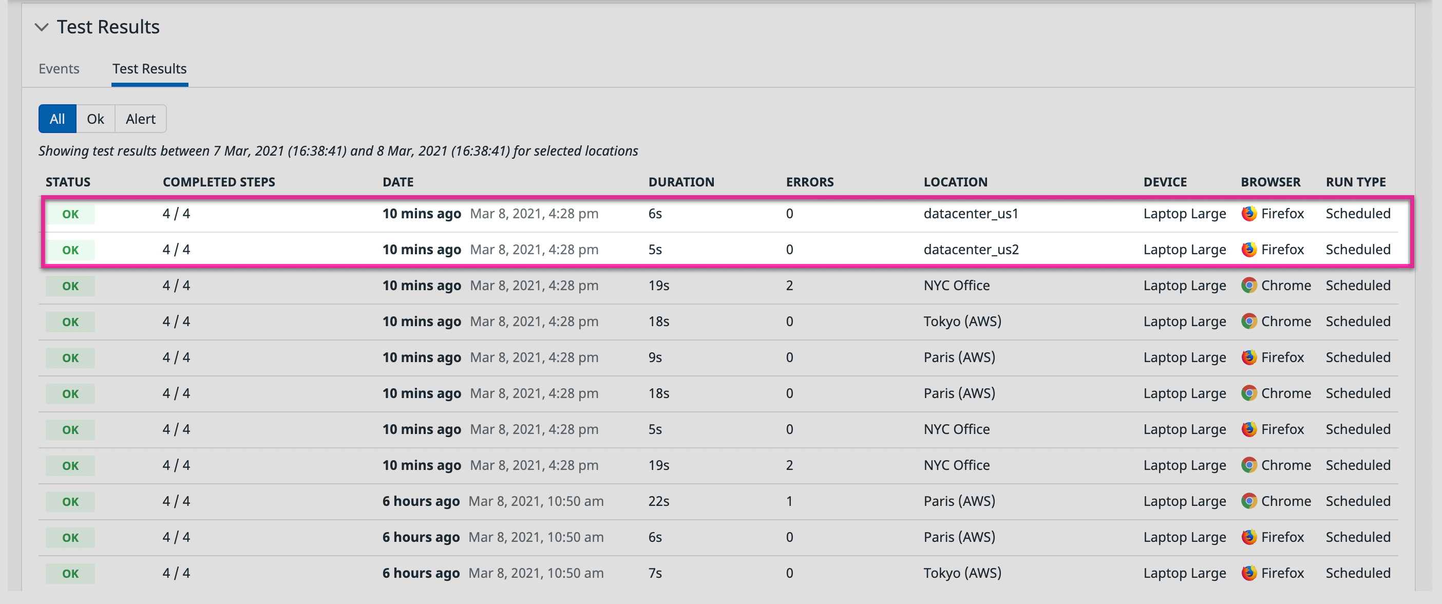 View test results for monitoring behind the firewall using private locations