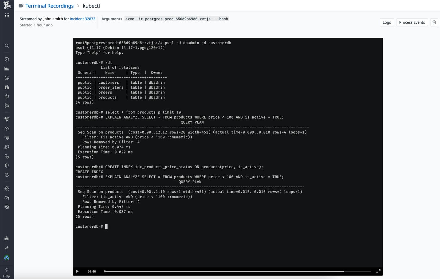 You can watch a terminal session recording in Datadog. You can watch a terminal session recording in Datadog.