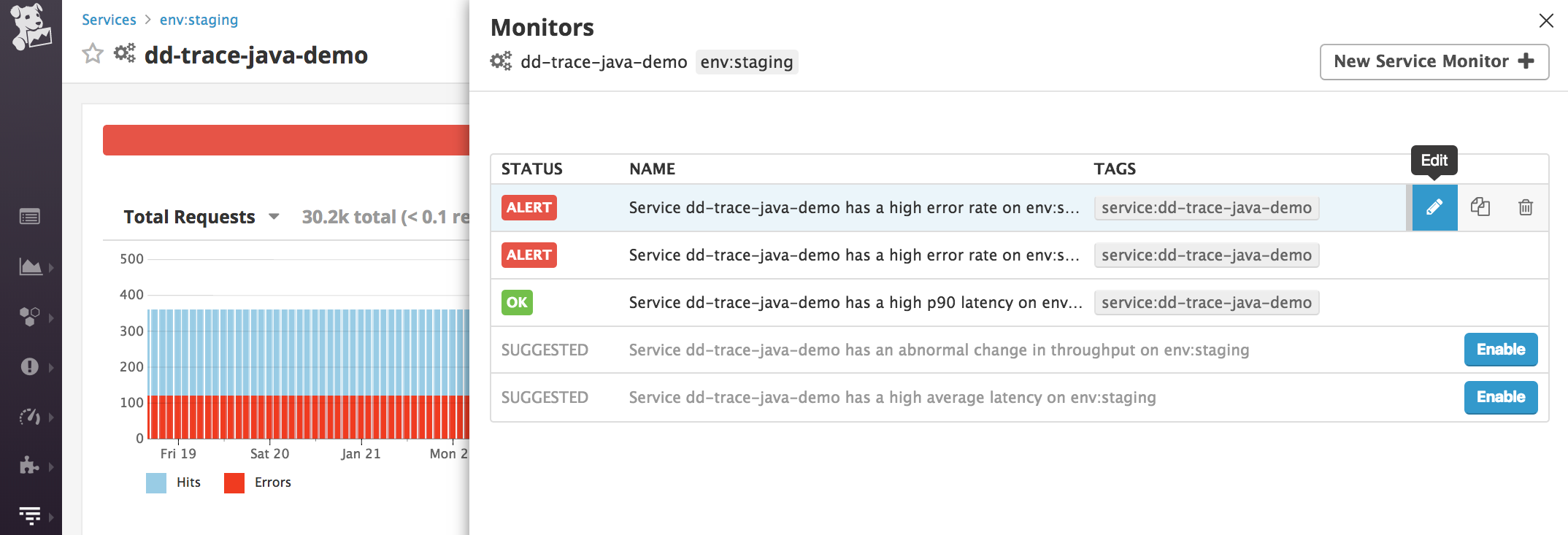 Java monitoring APM suggested alerts