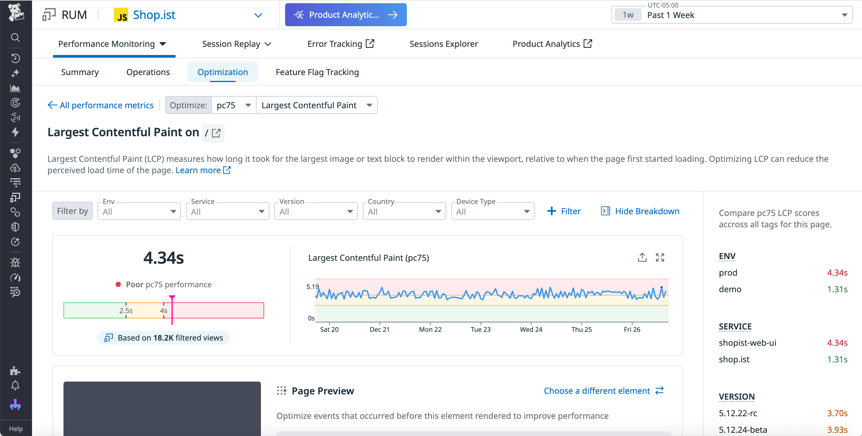 The LCP Optimization overview for an app's homepage, with visualizations highlighting poor performance metrics displayed.