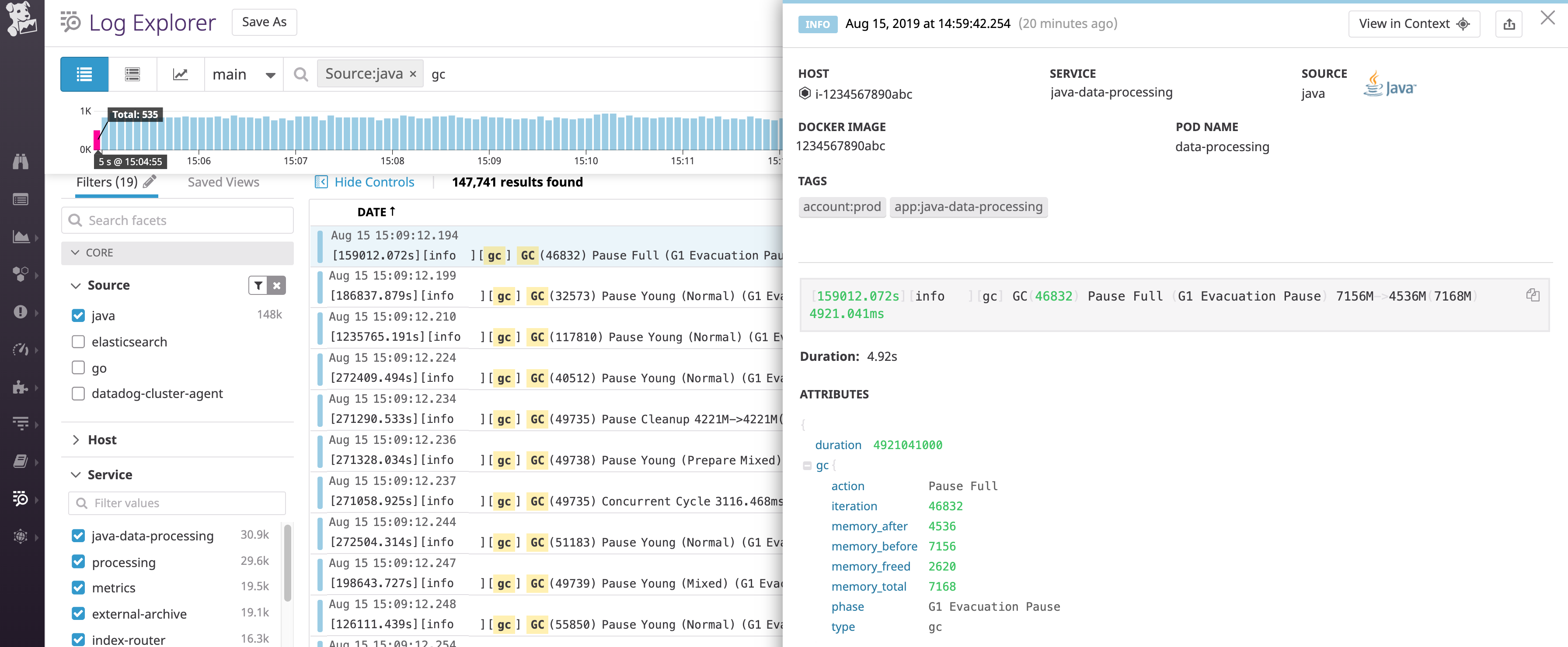 Monitor Java memory management issues by collecting garbage collection logs. This log indicates that the G1 GC collector completed a full Java garbage collection, which took almost five seconds.
