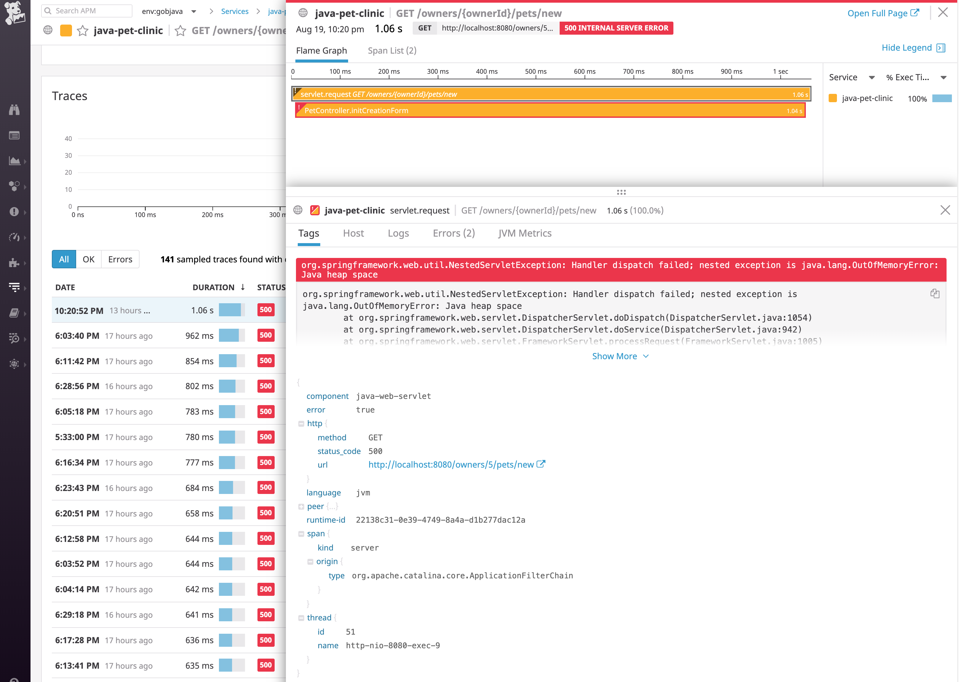 This Datadog APM distributed request trace indicates that an out-of-memory error occurred. You can see the stack trace for the java.lang.OutOfMemoryError: Java heap space error, indicating Java memory management issues.