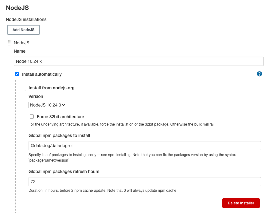 Install Node.js and datadog-ci package