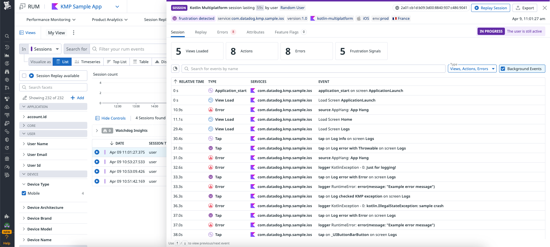 An event timeline of detected user frustration.