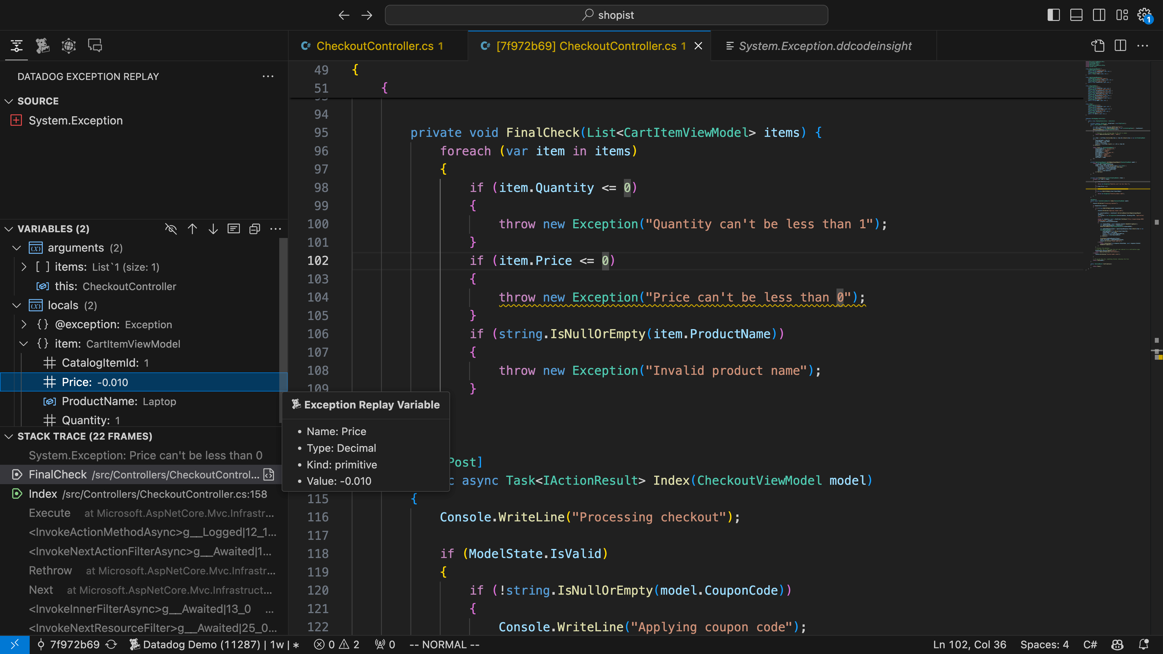 A screenshot of the VS Code UI shows the values of local variables determined by Exception Replay, and the source code of the checkout controller.