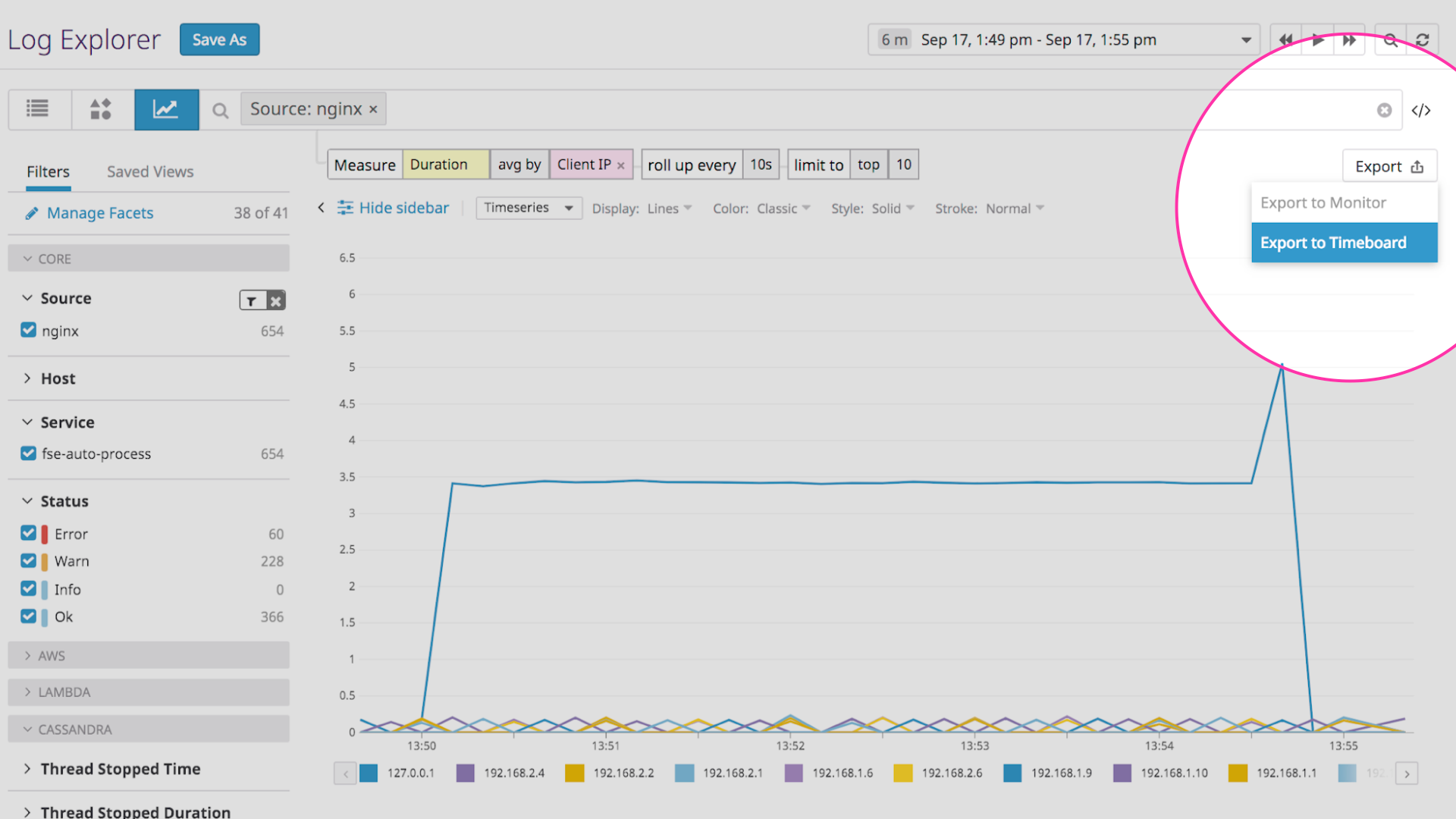 Export any log analytics graph to your Datadog dashboards.