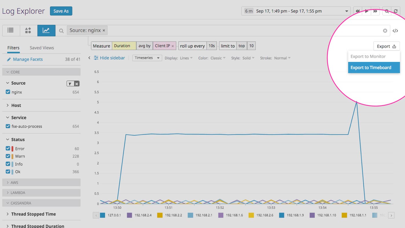 Export any log analytics graph to your Datadog dashboards. Export any log analytics graph to your Datadog dashboards.