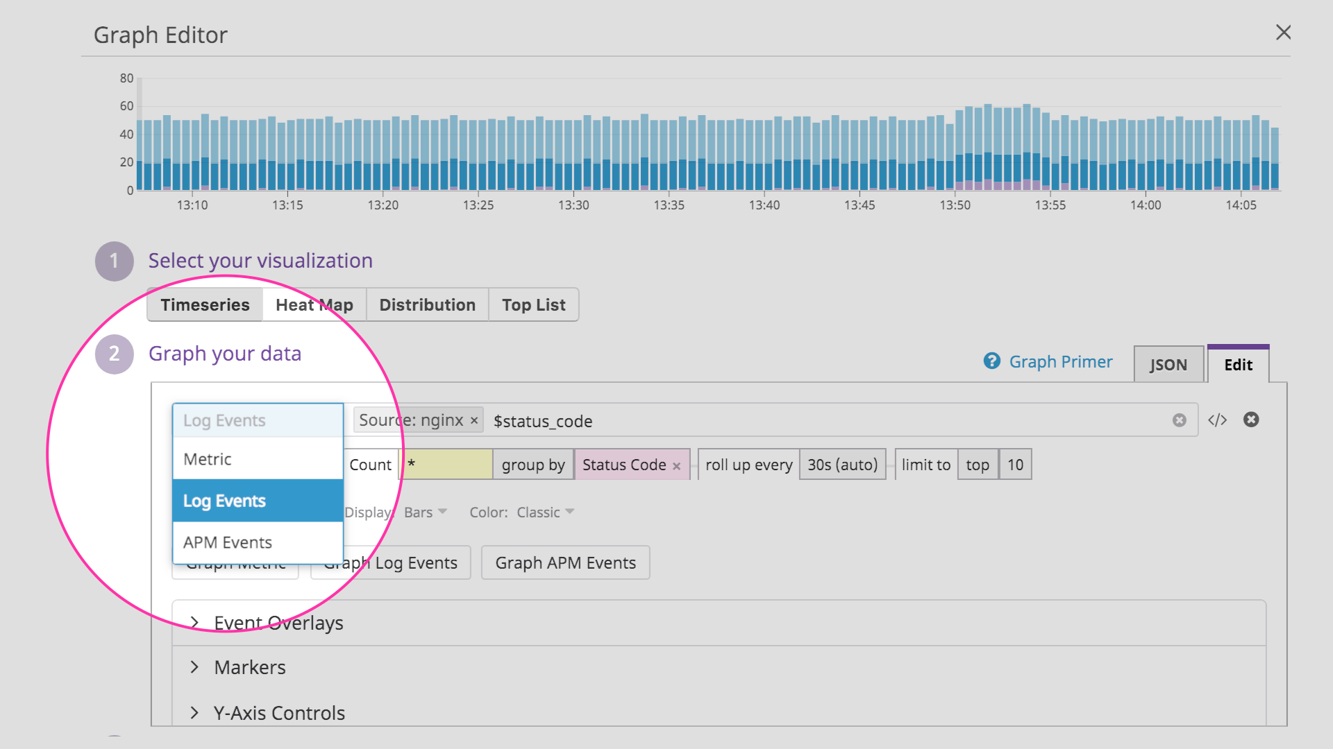 Graph metrics, log events, or APM data in your Datadog graph widgets.