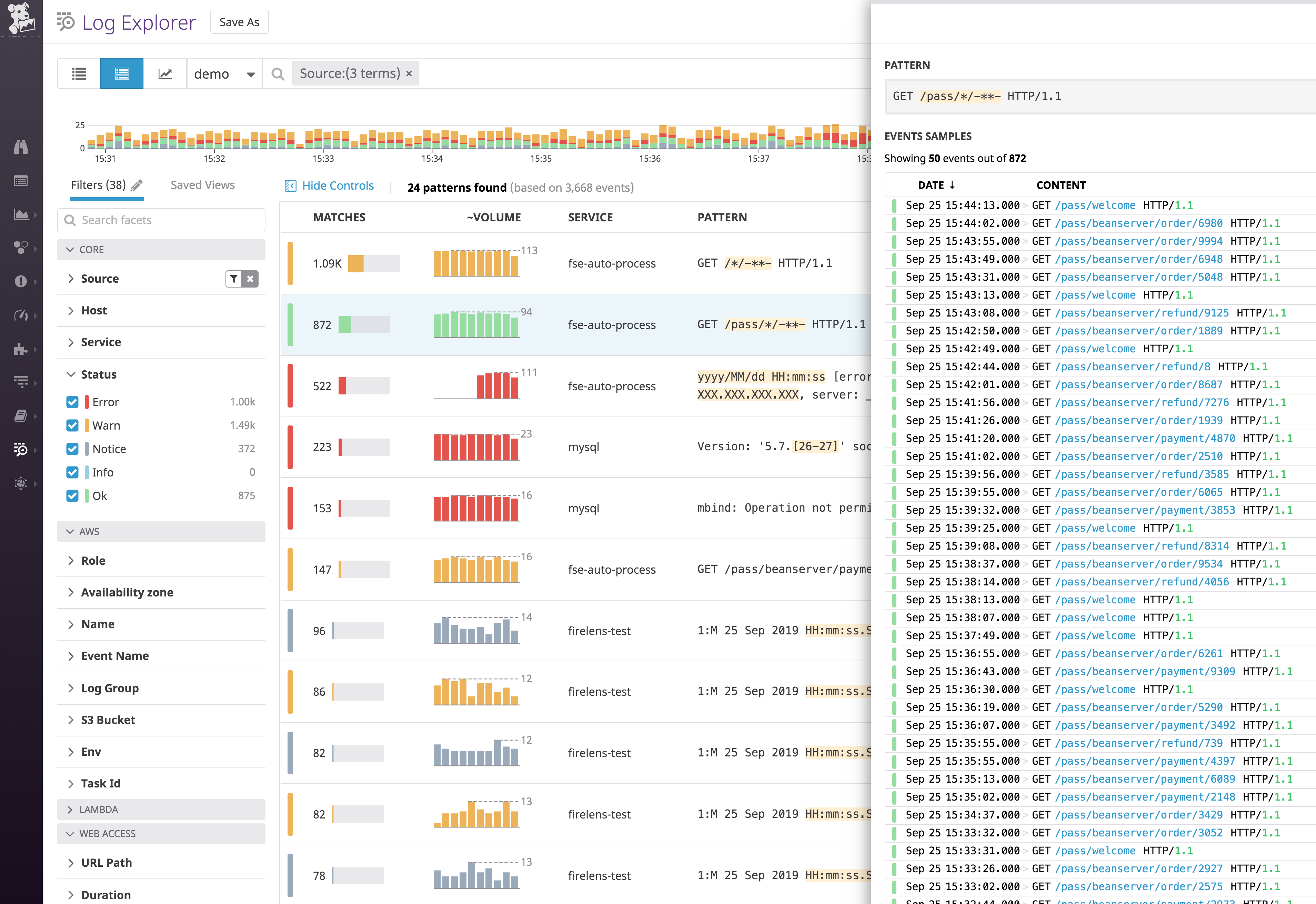 Use the pattern view to group log patterns and surface high-volume log types.
