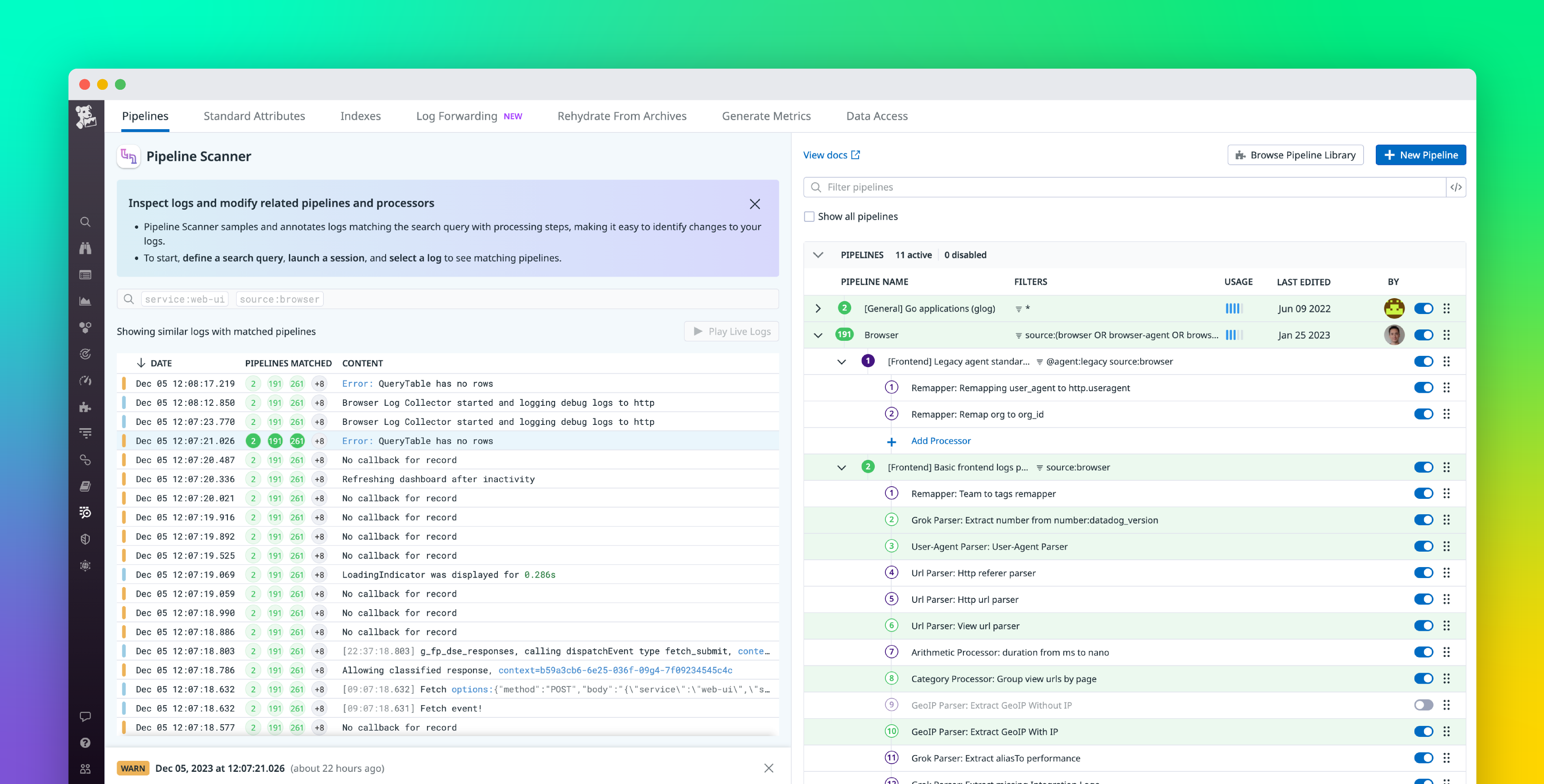 Investigate your log processing with the Datadog Log Pipeline Scanner