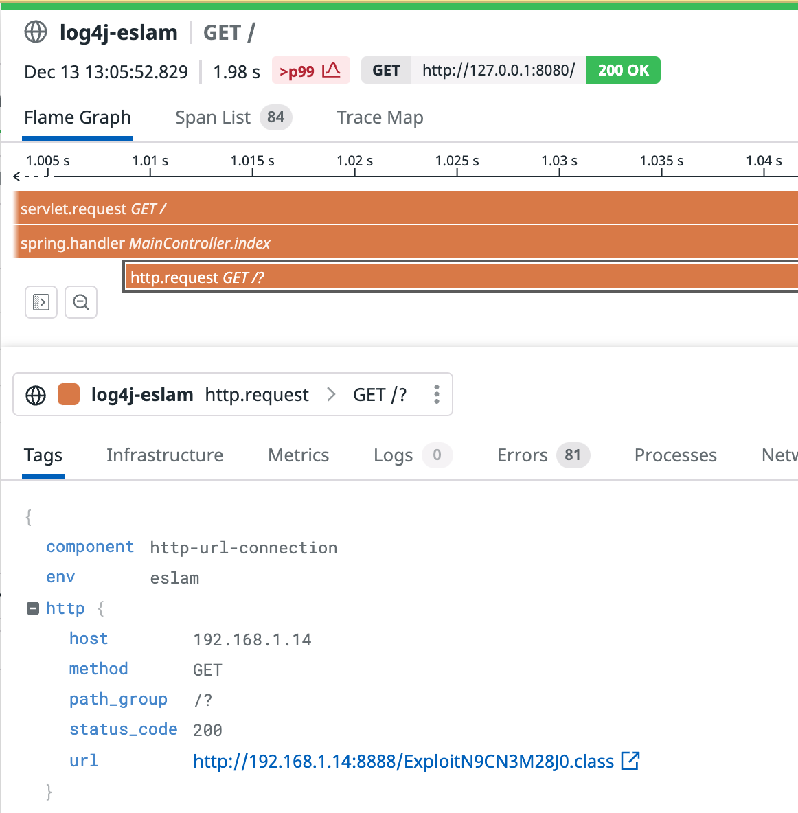 Using Datadog APM to detect an application loading remote Java code.