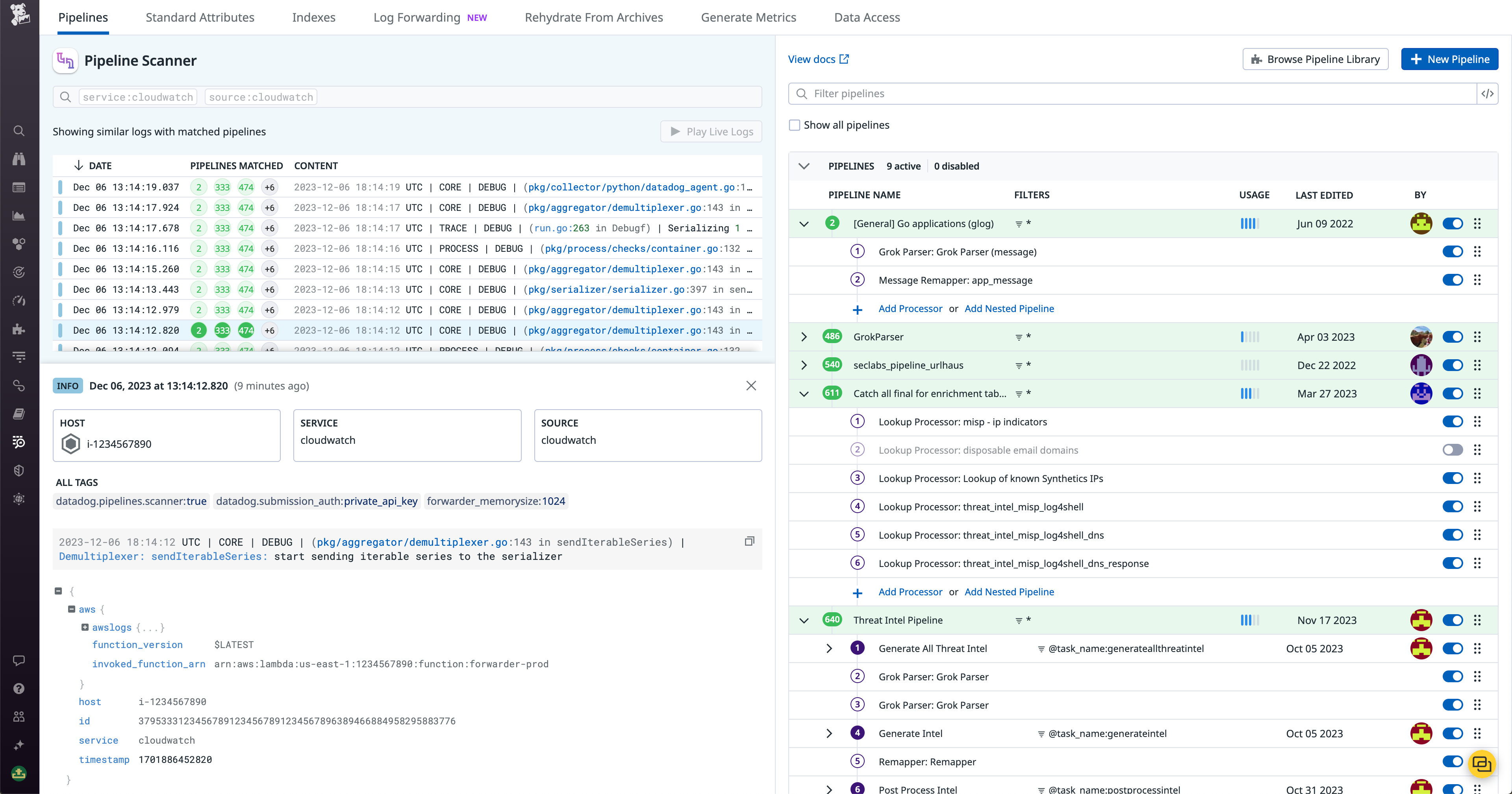 The Log Pipeline Scanner lets you select a log and quickly filter to all the pipelines it’s running through.
