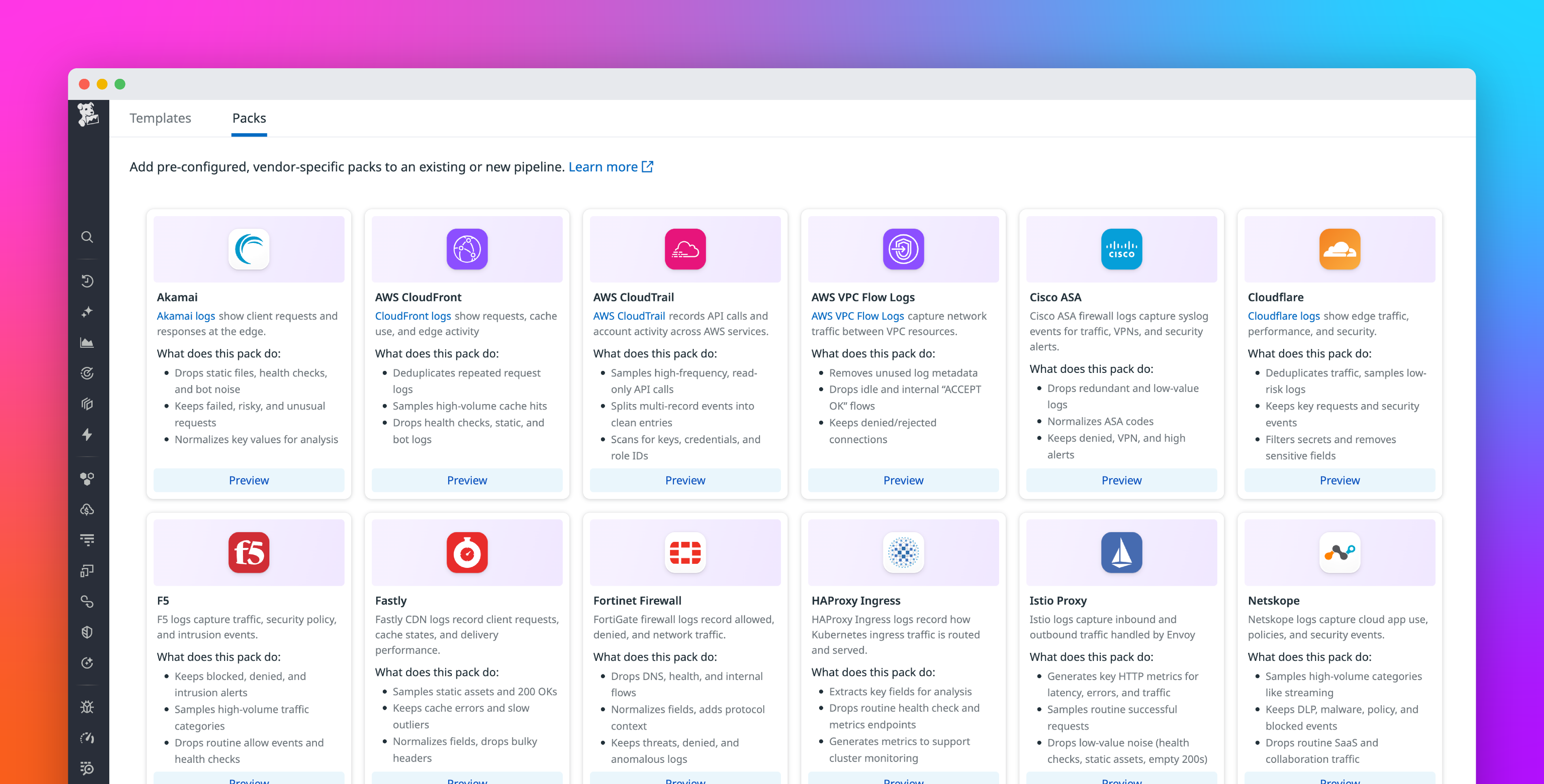 Control logging costs on any SIEM or data lake using Packs with Observability Pipelines