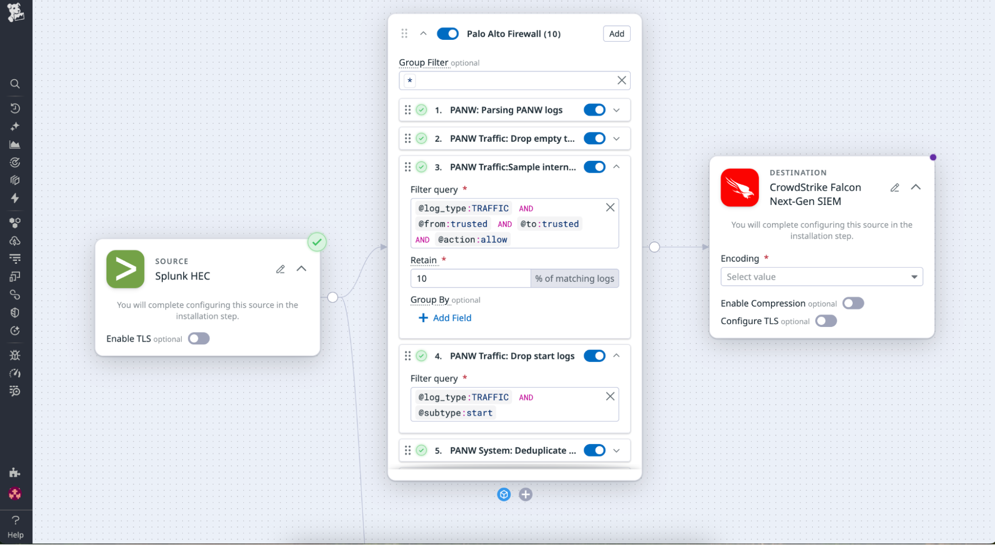 Screenshot showing how the Palo Alto Firewall Pack automatically drops repetitive connection events while retaining high-signal logs such as denied sessions, threats, and system anomalies.