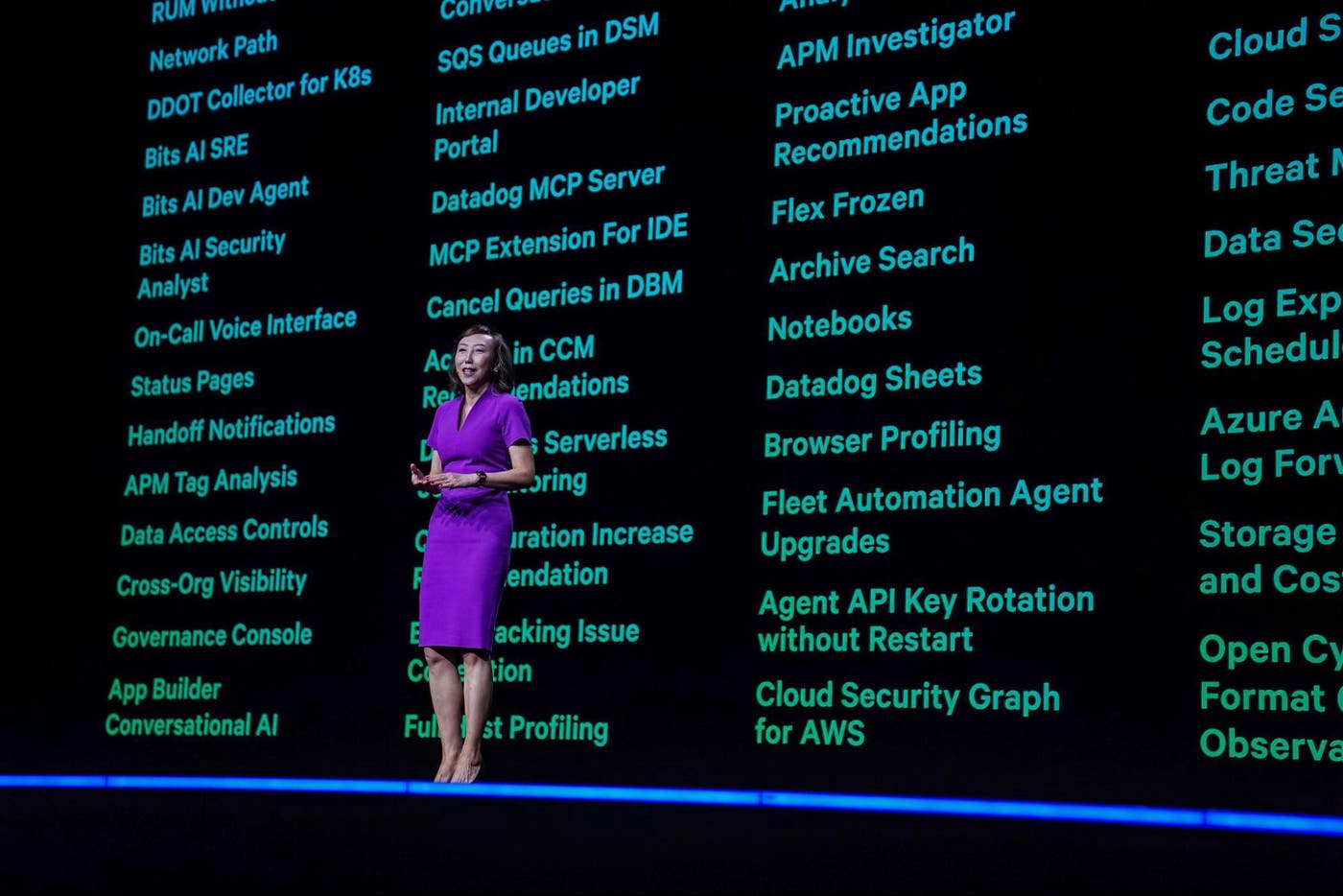 Photo of Datadog’s Chief Product Officer Dr. Yanbing Li speaking on stage at the DASH 2025 opening product keynote. Photo of Datadog’s Chief Product Officer Dr. Yanbing Li speaking on stage at the DASH 2025 opening product keynote.