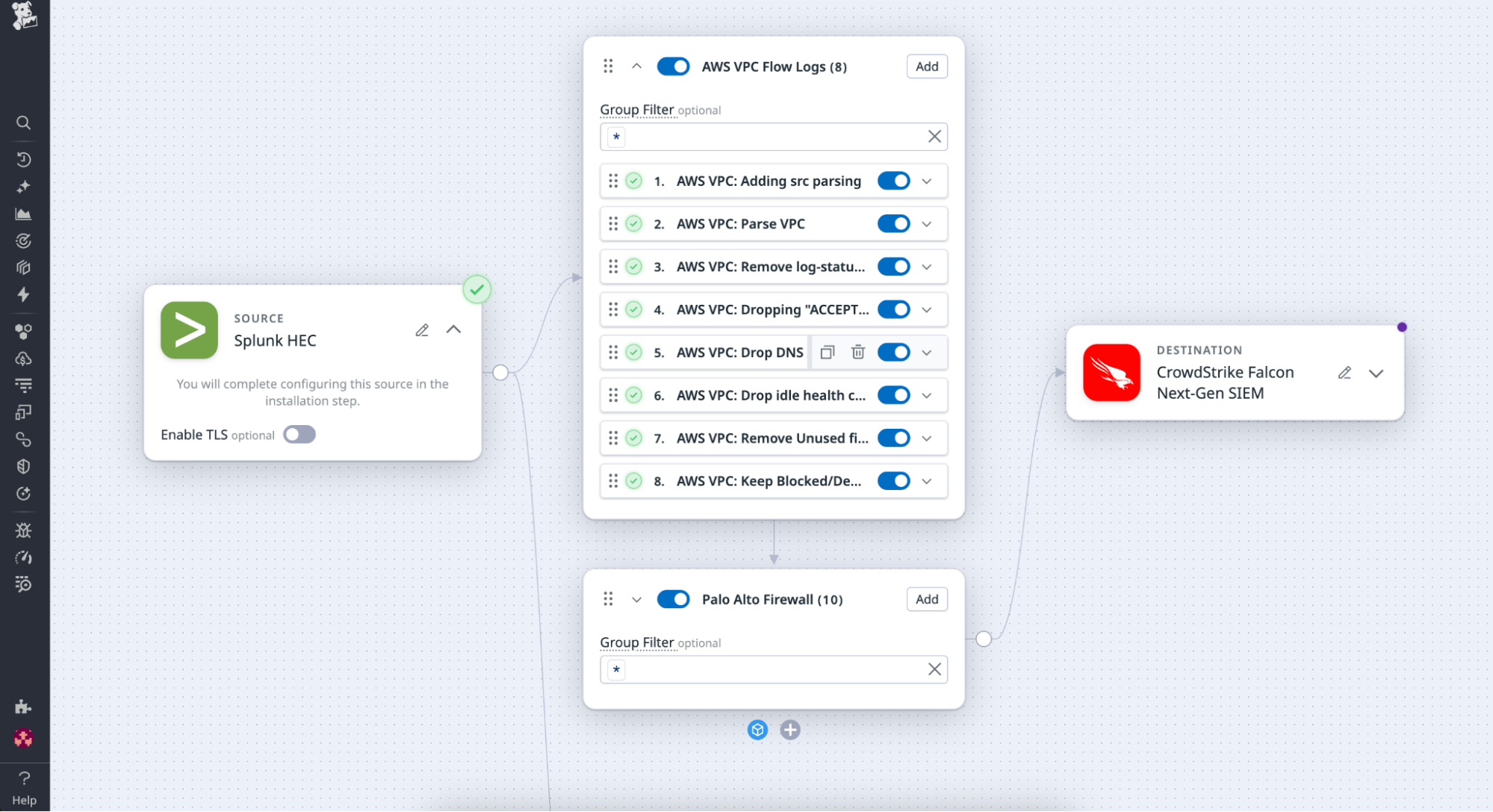 A screenshot combining a VPC Flow Logs Pack with a Palo Alto Firewall Pack to manage network and security data consistently.