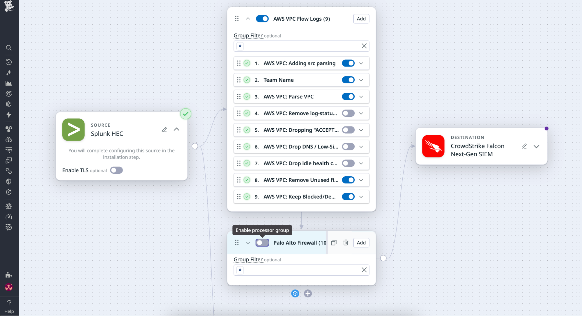 A screenshot adjusting filters or enable or disable rules to capture or drop fields based on internal policies.