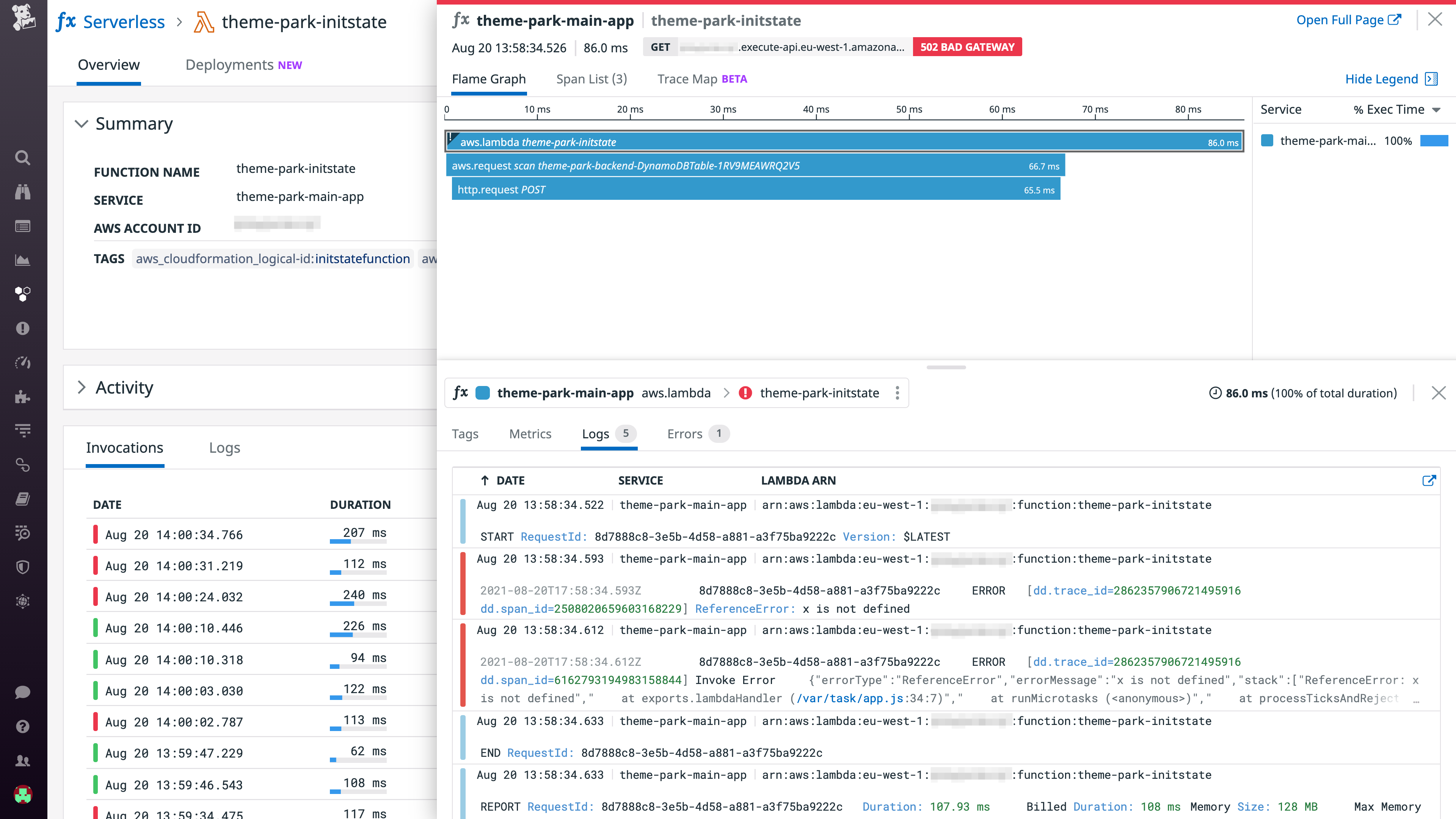Correlate logs with traces in the Serverless view
