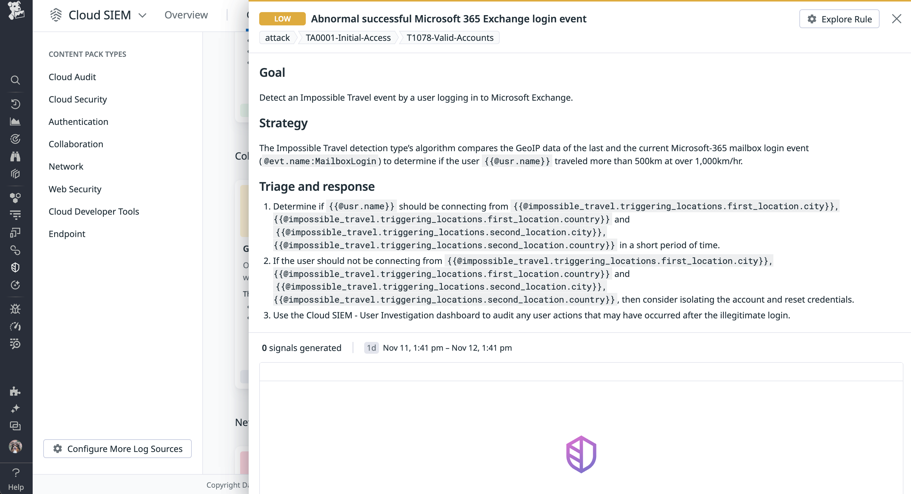Microsoft 365 Cloud SIEM signal for Exchange login event