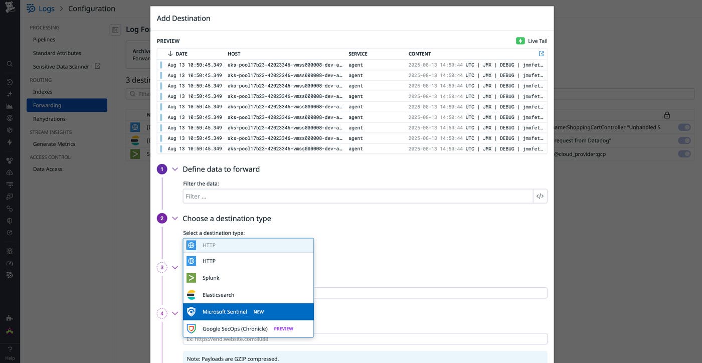 Create a custom pipeline to route your logs to Microsoft Sentinel or Google SecOps in Datadog Log Management Create a custom pipeline to route your logs to Microsoft Sentinel or Google SecOps in Datadog Log Management