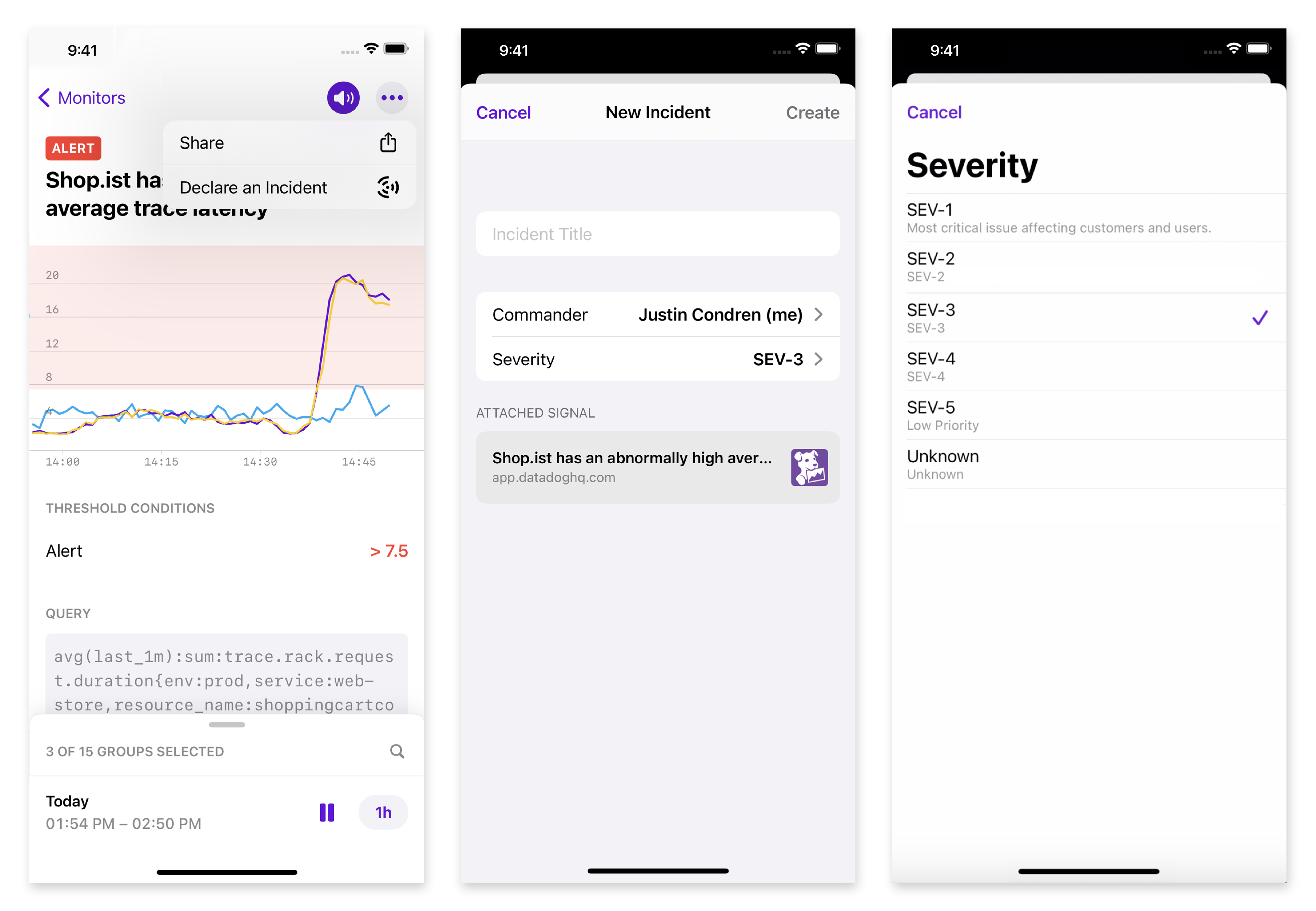 Declaring an incident via the Datadog mobile app.