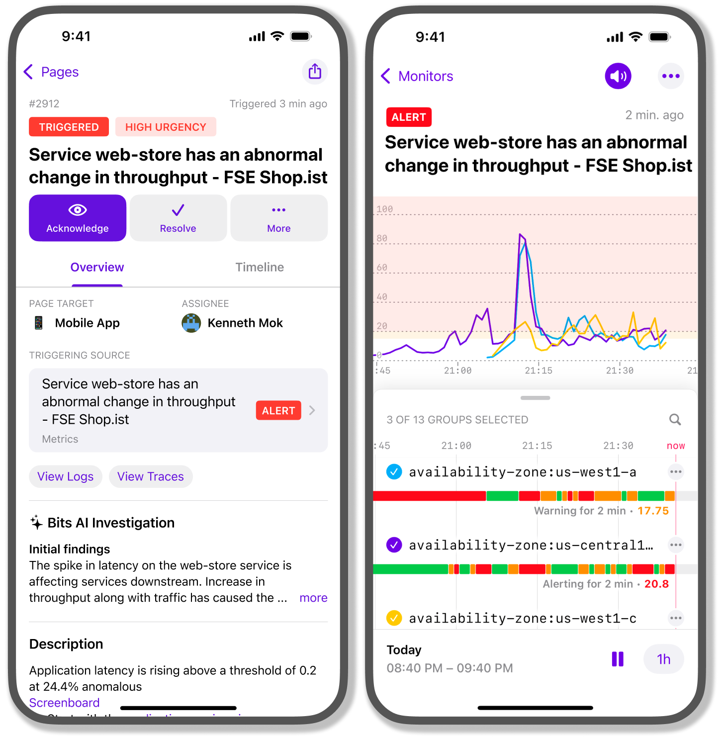 Bits AI investigation results in the Datadog mobile app.