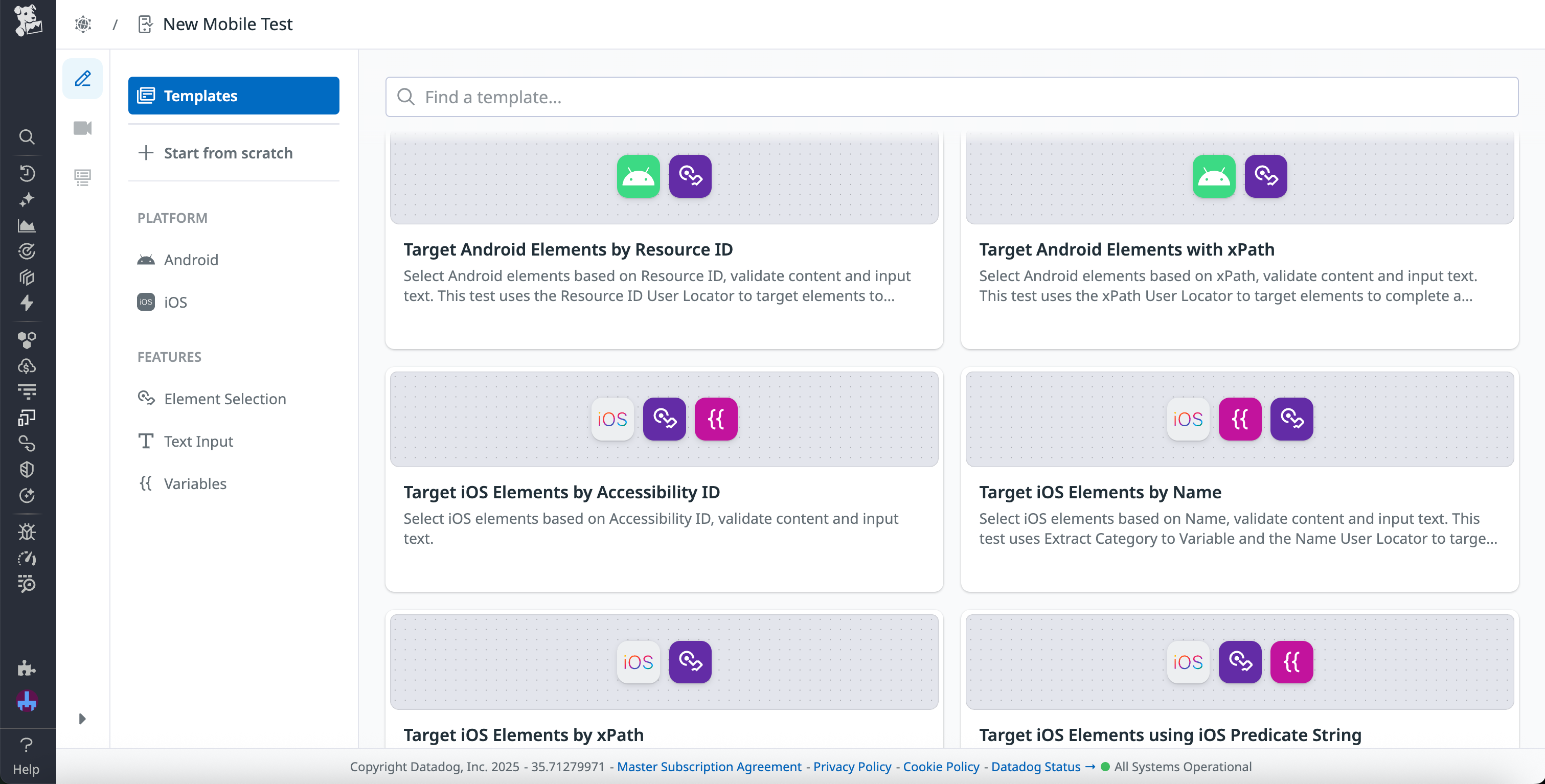 OOTB synthetic testing templates that enable you to choose locator type for your tests.