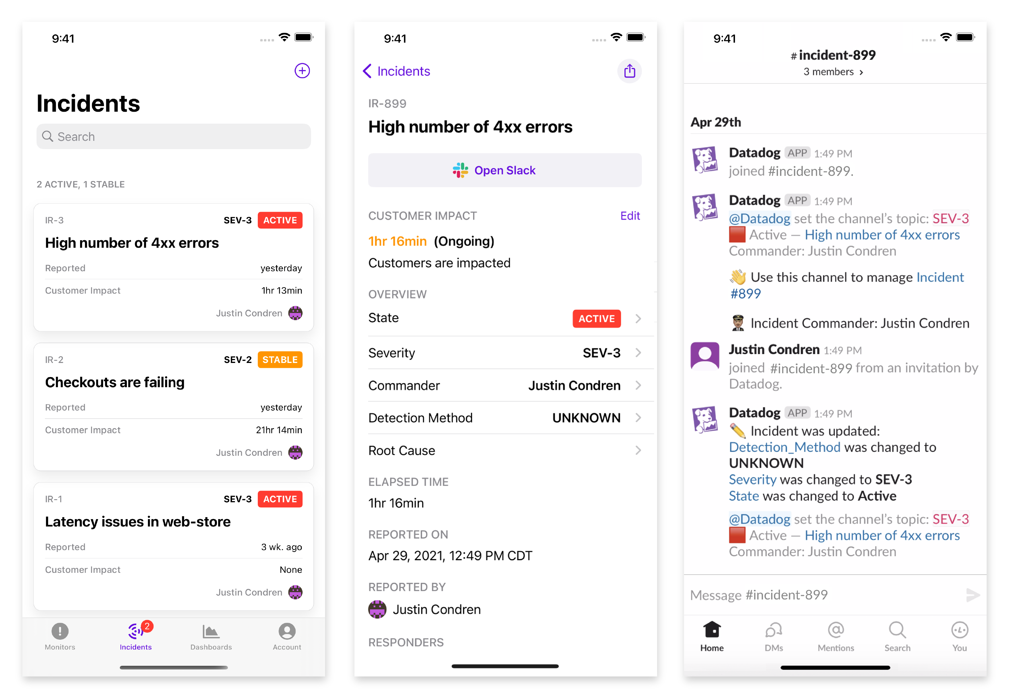 Getting up to date on an incident via the Datadog mobile app.