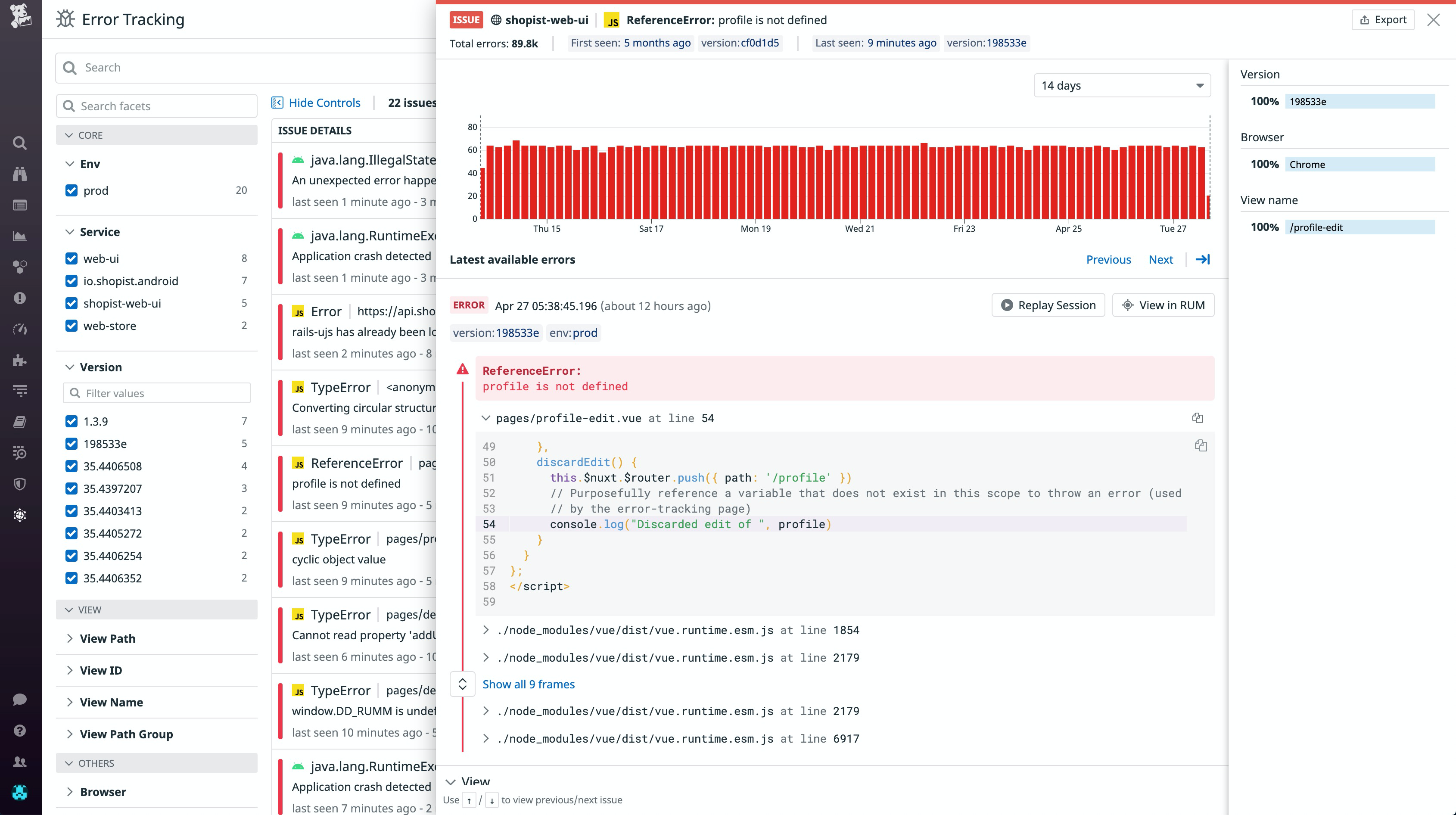 Logging and aggregating console errors in Datadog